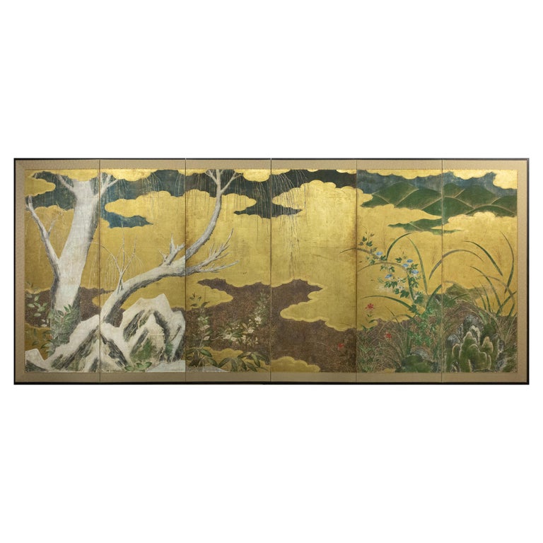 Paravent japonais à six pans, De l'hiver au printemps, XVIIIe siècle, offert par Naga Antiques