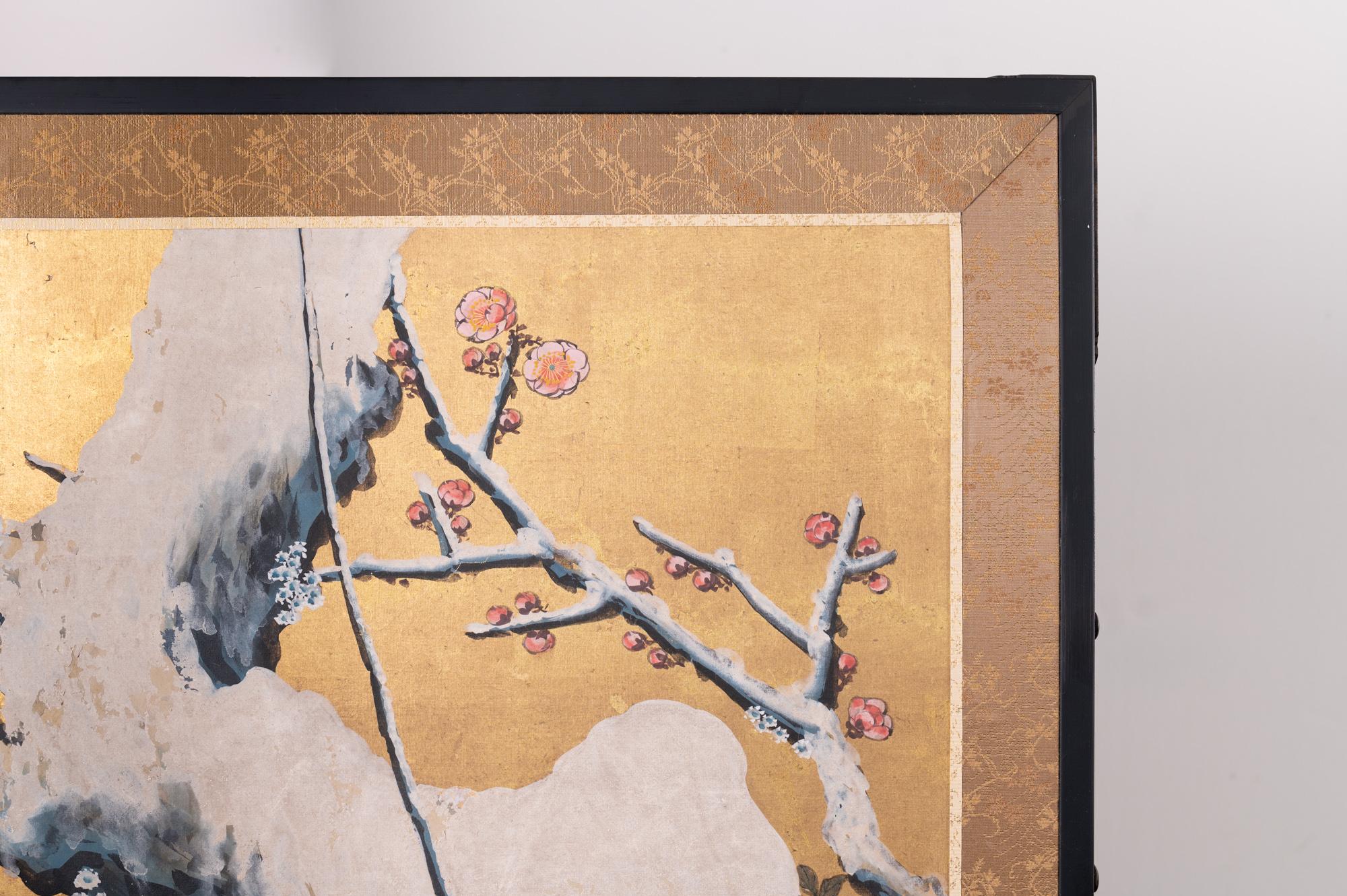 Japanese Six-Panel Screen, Winter Landscape with Flowering Plum For Sale 4