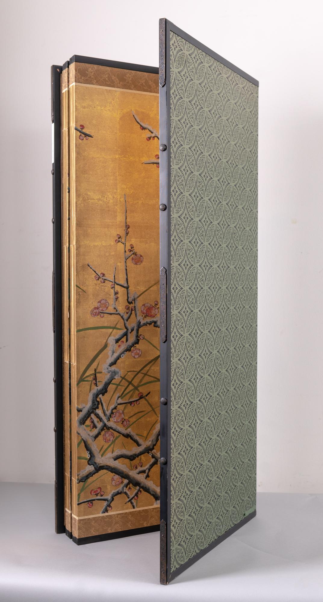 Japanese Six-Panel Screen, Winter Landscape with Flowering Plum For Sale 5