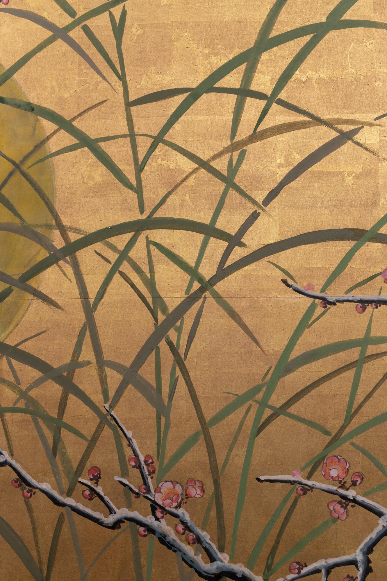 20th Century Japanese Six-Panel Screen, Winter Landscape with Flowering Plum For Sale