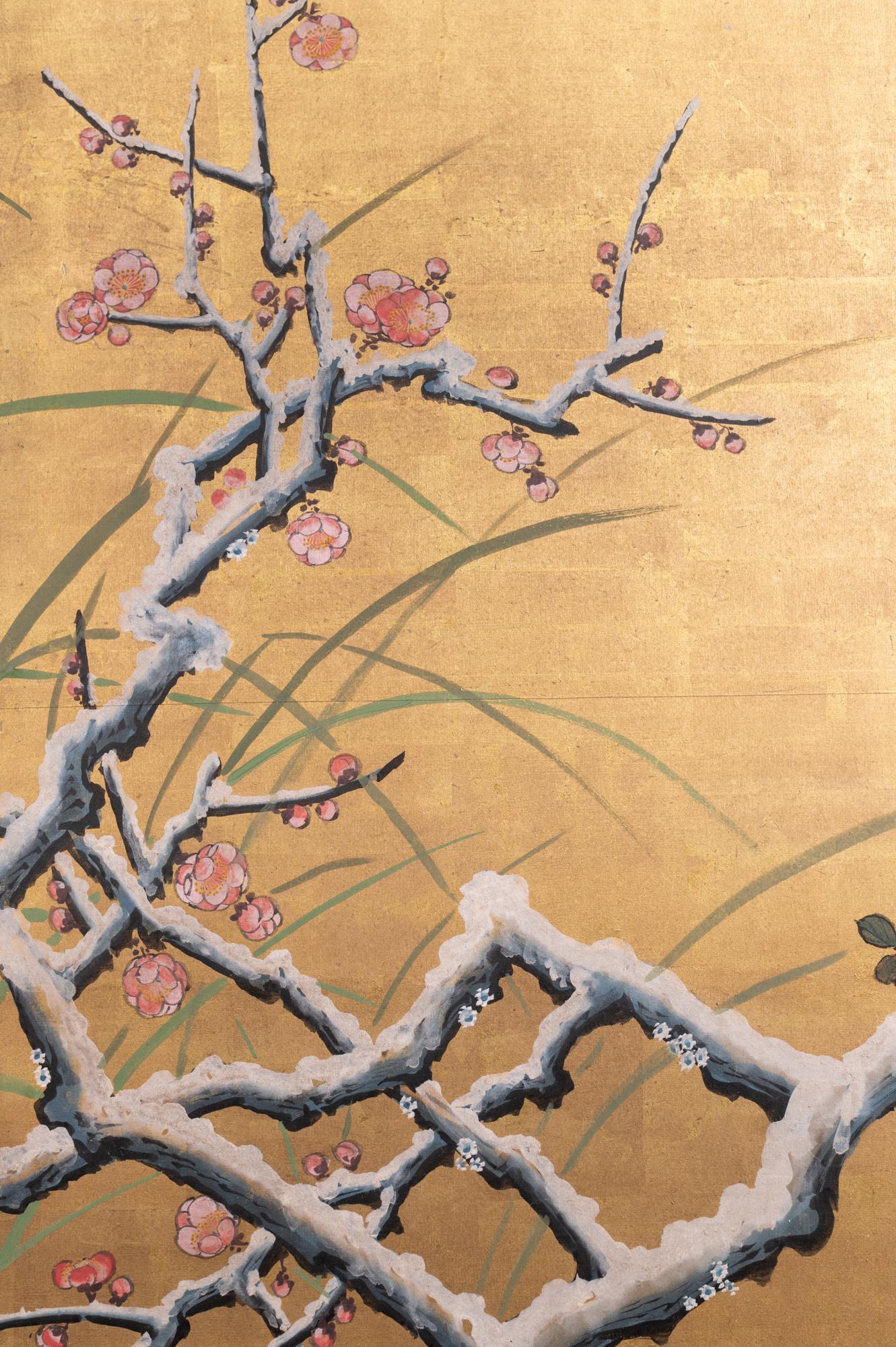 Silk Japanese Six-Panel Screen, Winter Landscape with Flowering Plum For Sale