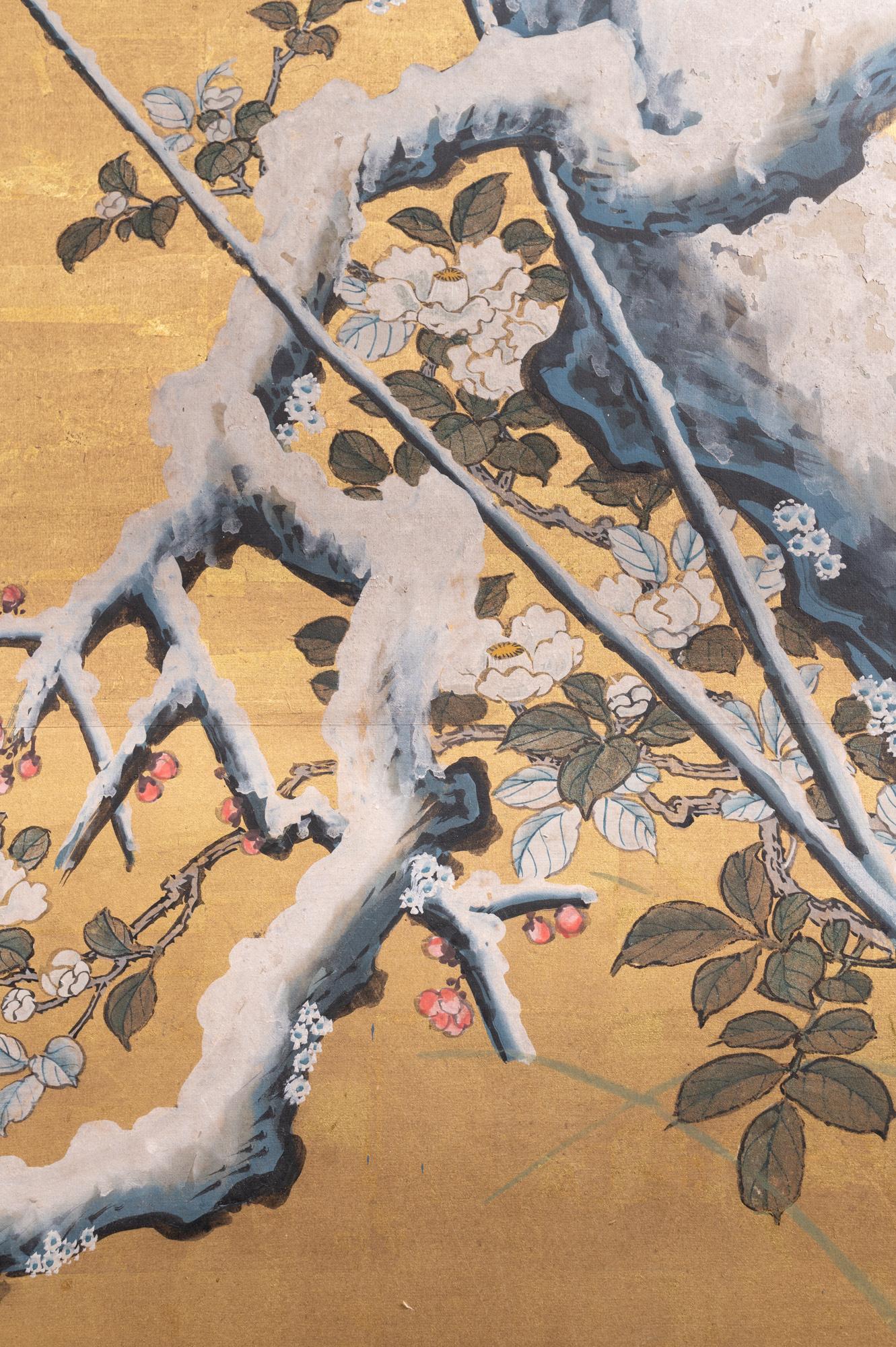 Japanese Six-Panel Screen, Winter Landscape with Flowering Plum For Sale 1