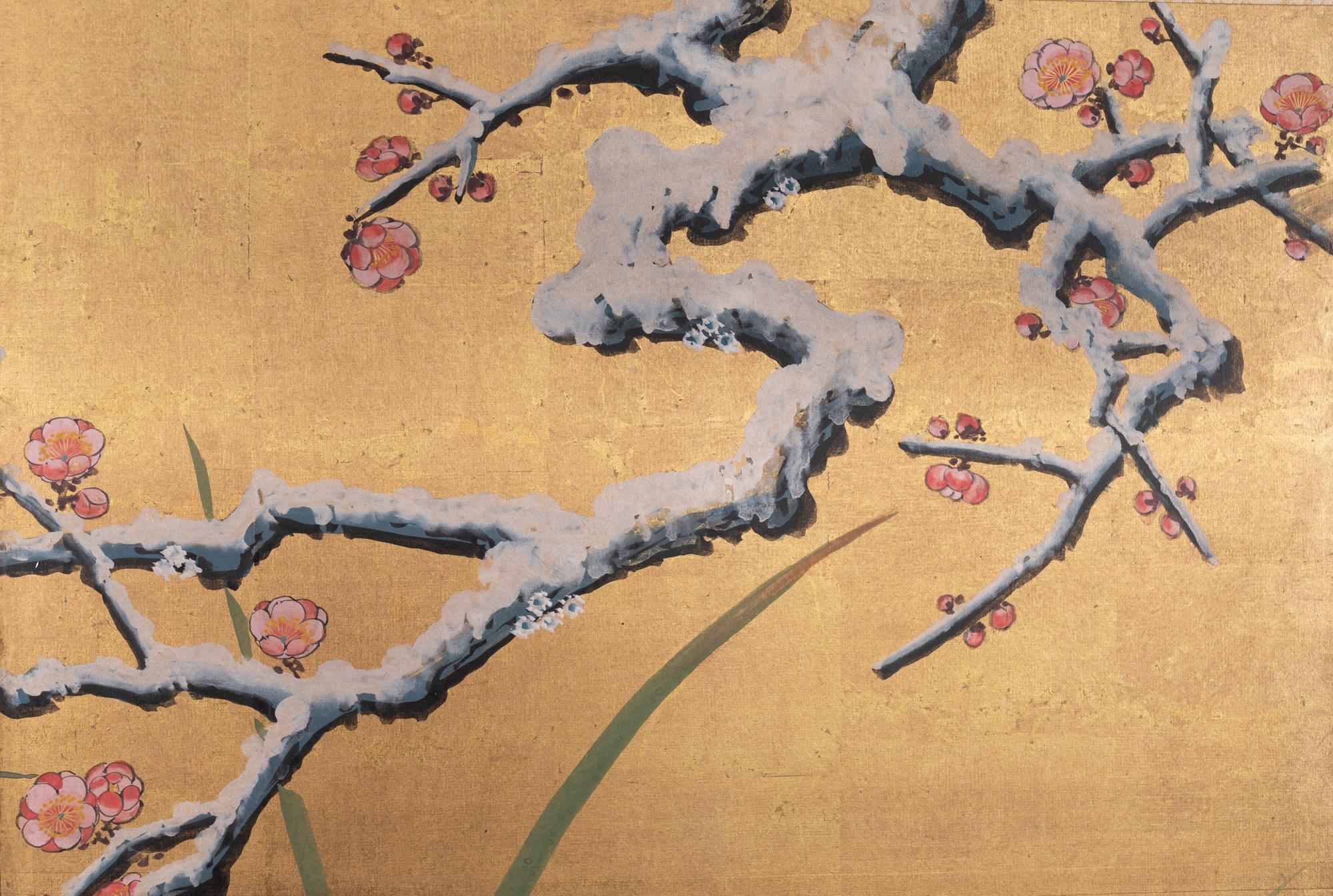 Japanese Six-Panel Screen, Winter Landscape with Flowering Plum For Sale 2