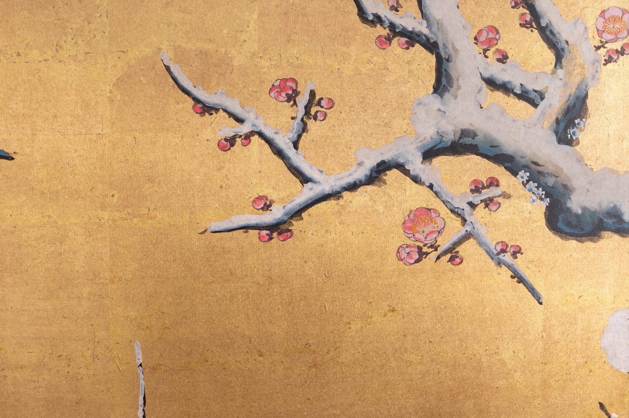 Japanese Six-Panel Screen, Winter Landscape with Flowering Plum For Sale 3