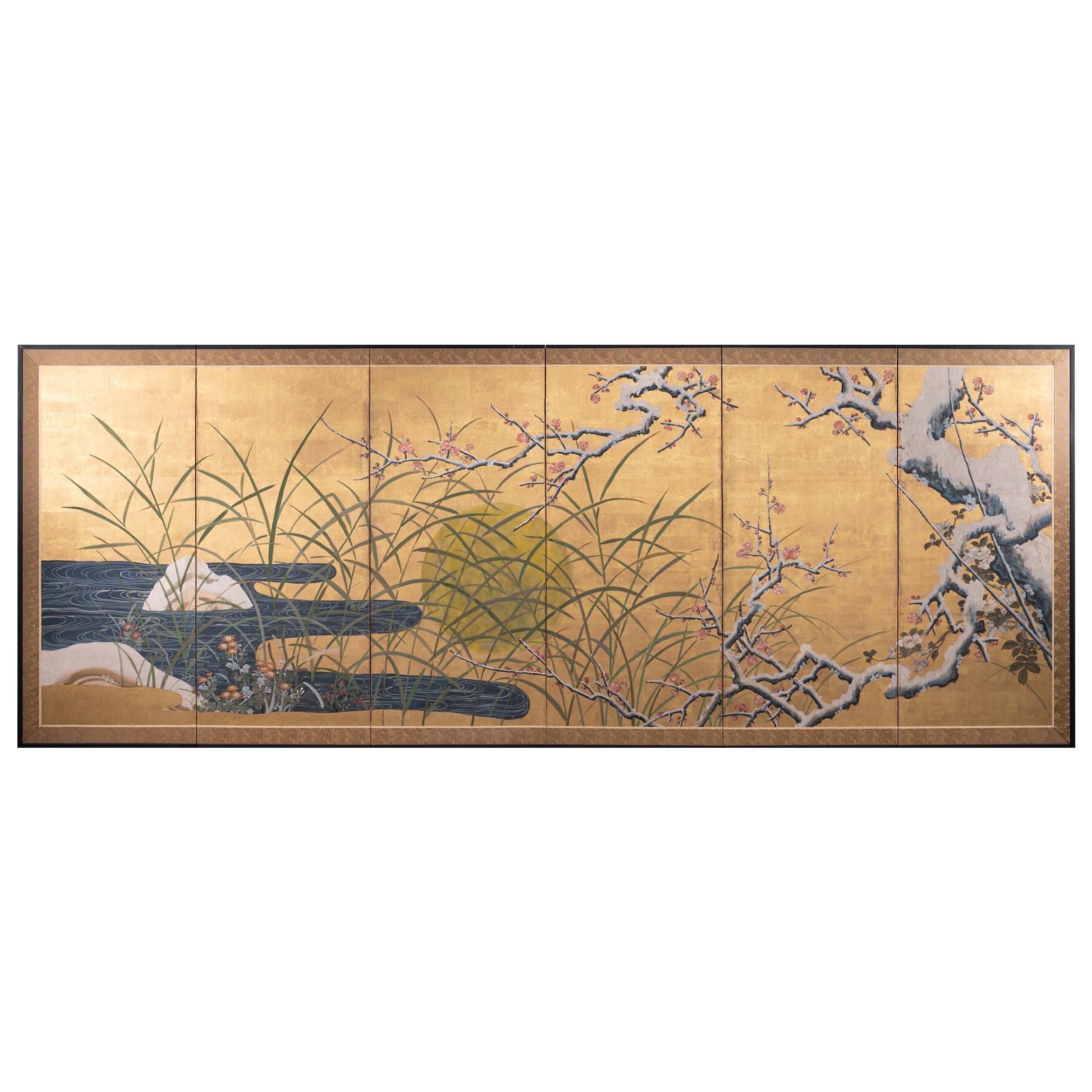 Japanese Six-Panel Screen, Winter Landscape with Flowering Plum