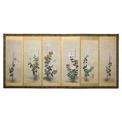 Japanese Six-Panel Screen with Chrysanthemums and Birds, Taishō Period (1920s)