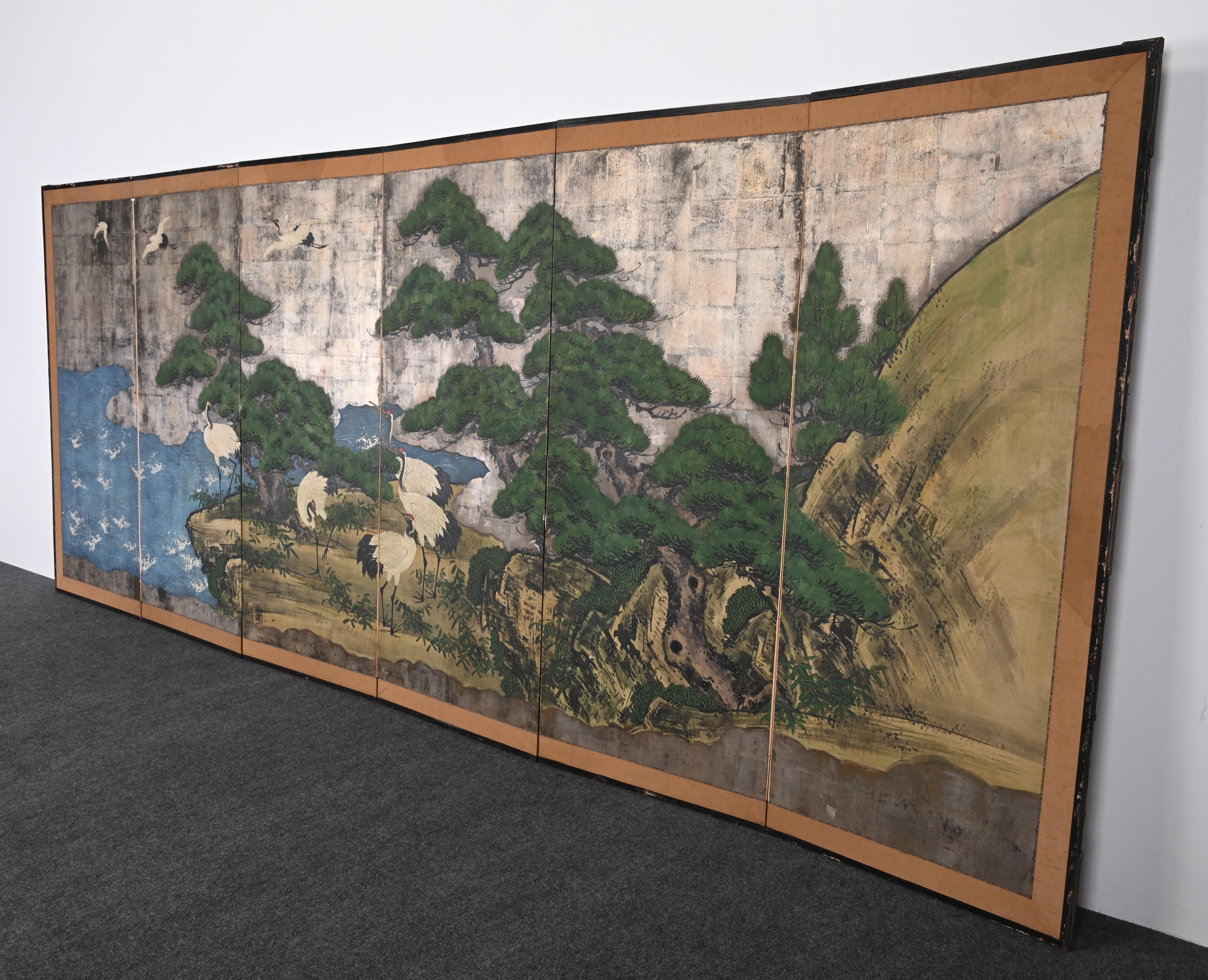Japanese Six Panel Screen with Cranes, Kano School, 18th-19th Century 8