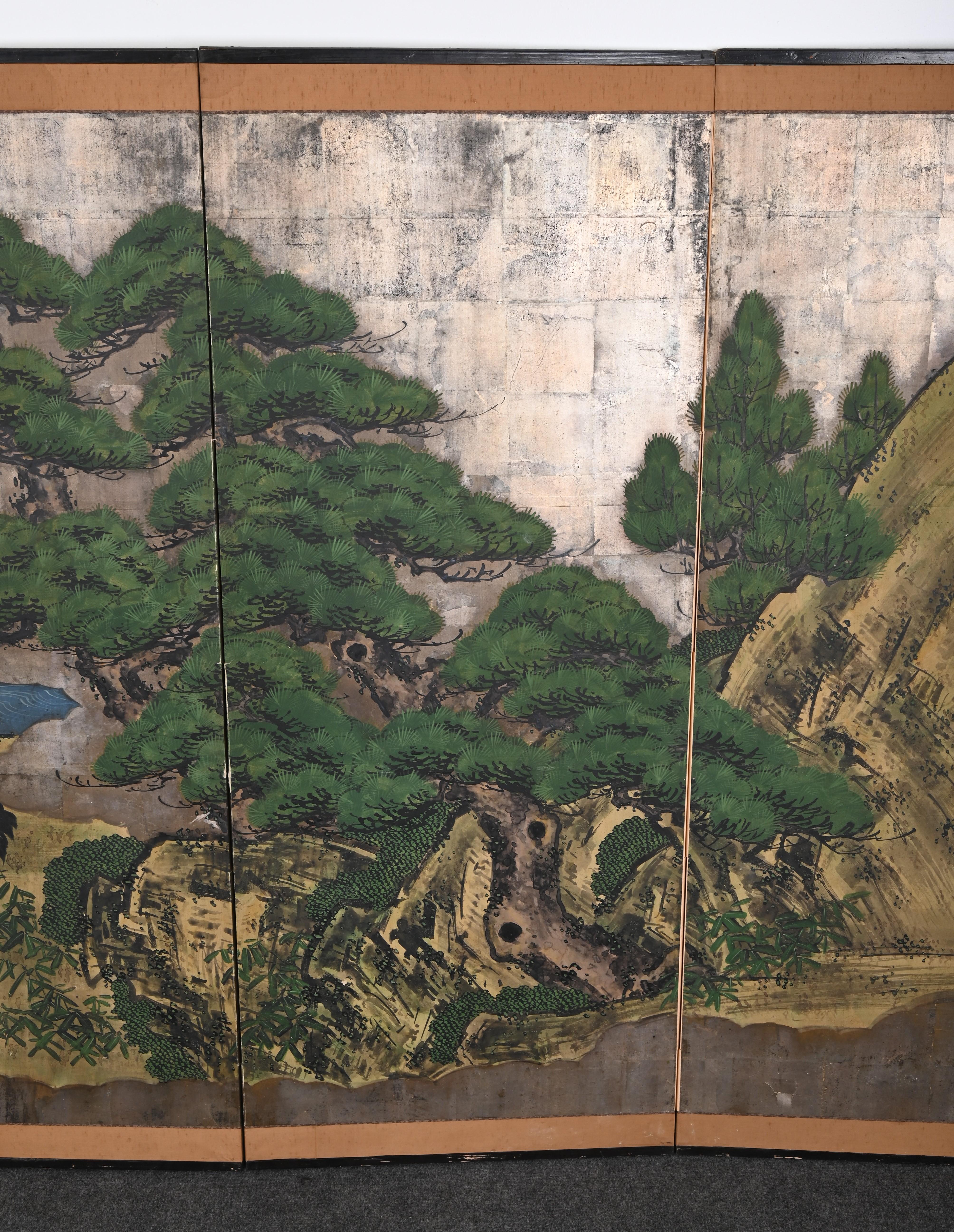Silver Leaf Japanese Six Panel Screen with Cranes, Kano School, 18th-19th Century