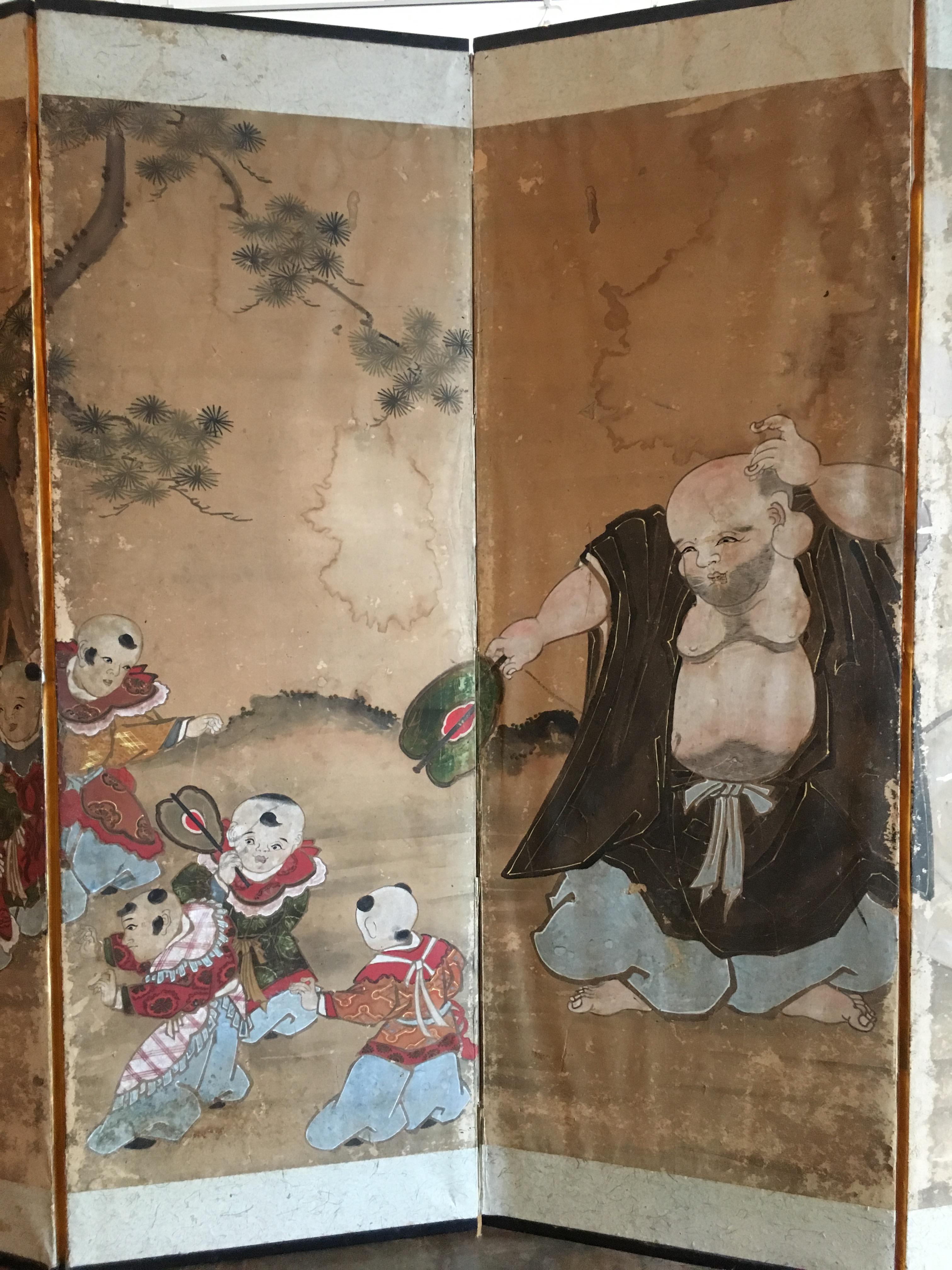 Hand-Painted Japanese Six Panel Screen with Hotei, Edo Period, Early 19th Century For Sale