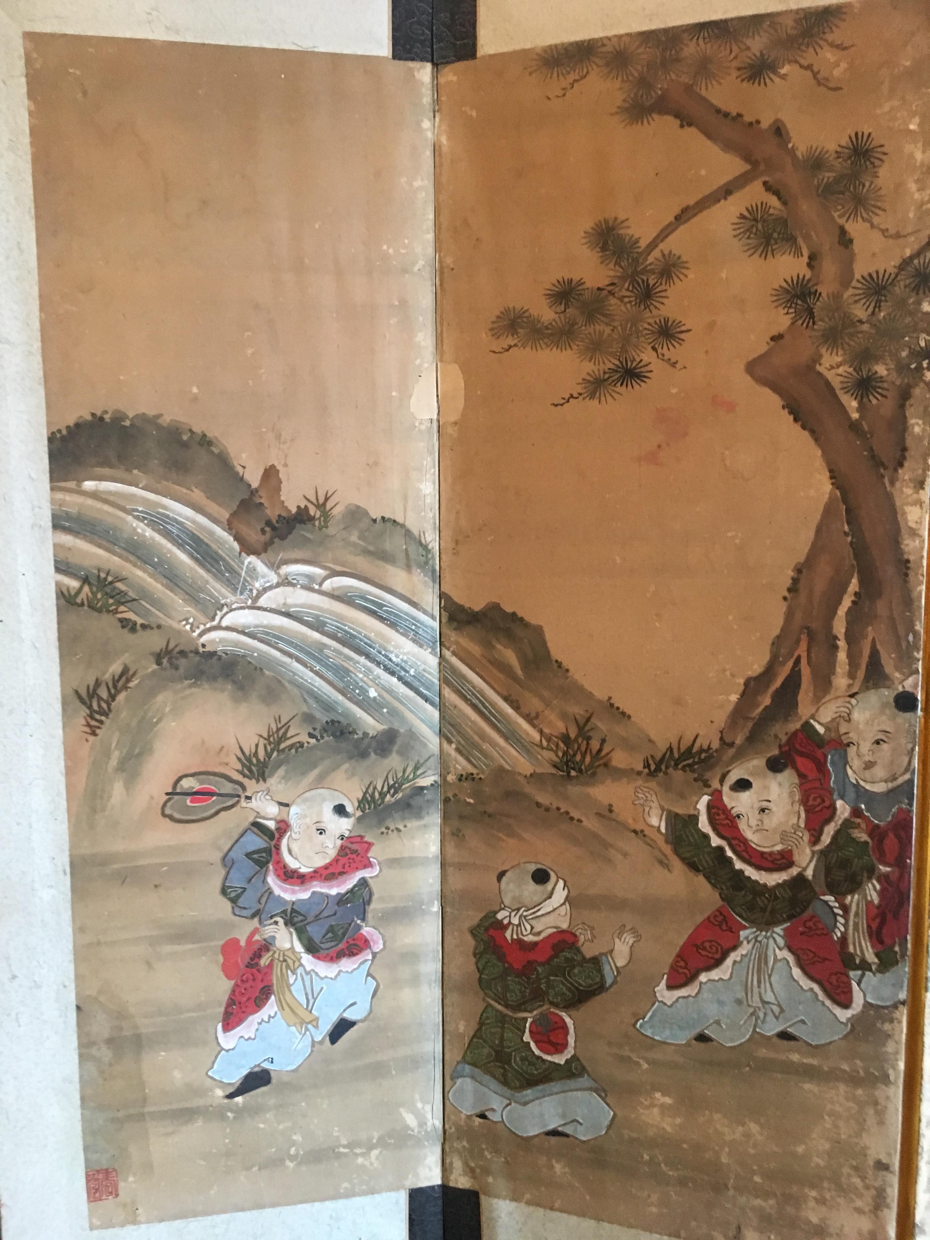 Japanese Six Panel Screen with Hotei, Edo Period, Early 19th Century In Fair Condition For Sale In Austin, TX