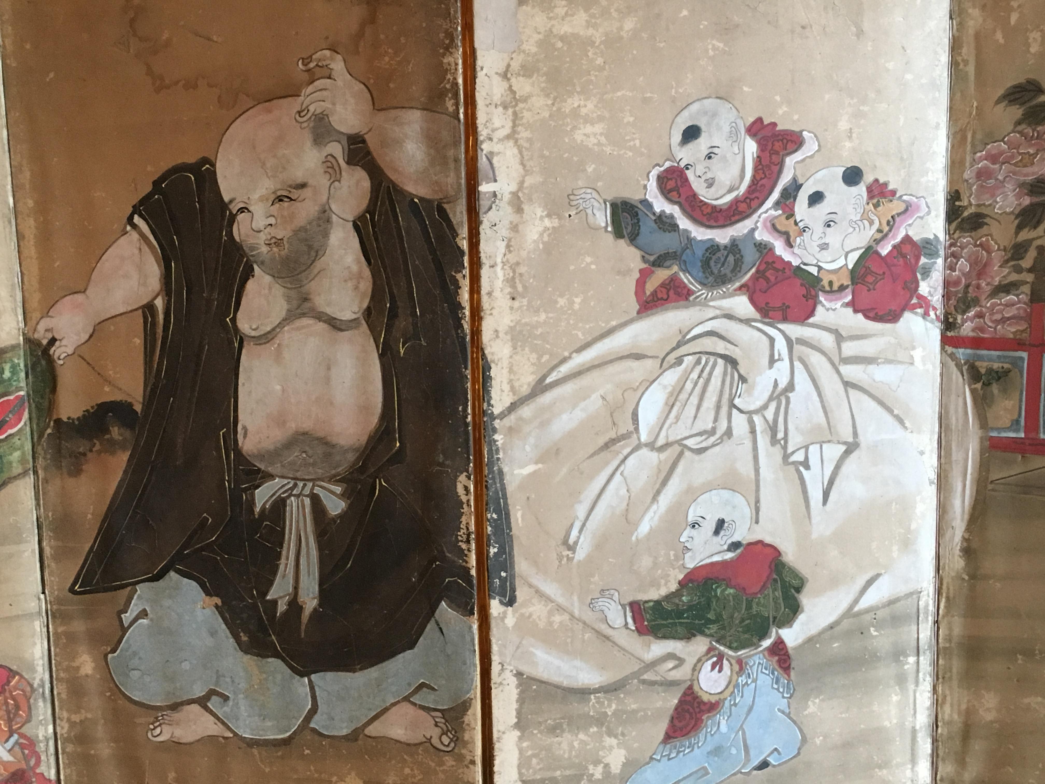 Silk Japanese Six Panel Screen with Hotei, Edo Period, Early 19th Century For Sale