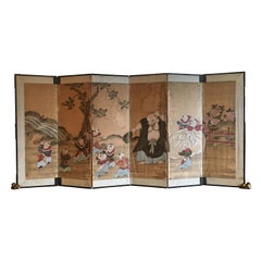 Japanese Six Panel Screen with Hotei, Edo Period, Early 19th Century