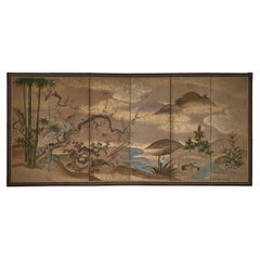 Japanischer sechsflügeliger Paravent mit einem Fasan in einer Flusslandschaft, Edo-Zeit, um 1800