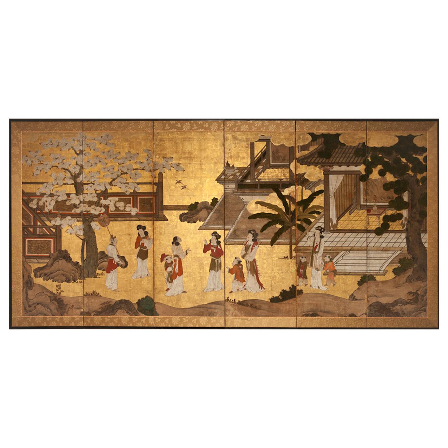 Japanese six-panel screen: Women of the Court in the Garden. Edo period (circa 1700) painting of an early Kano school subject matter: nobility socializing in a coutryard garden. Details of finery are painted throughout, including a screen that is