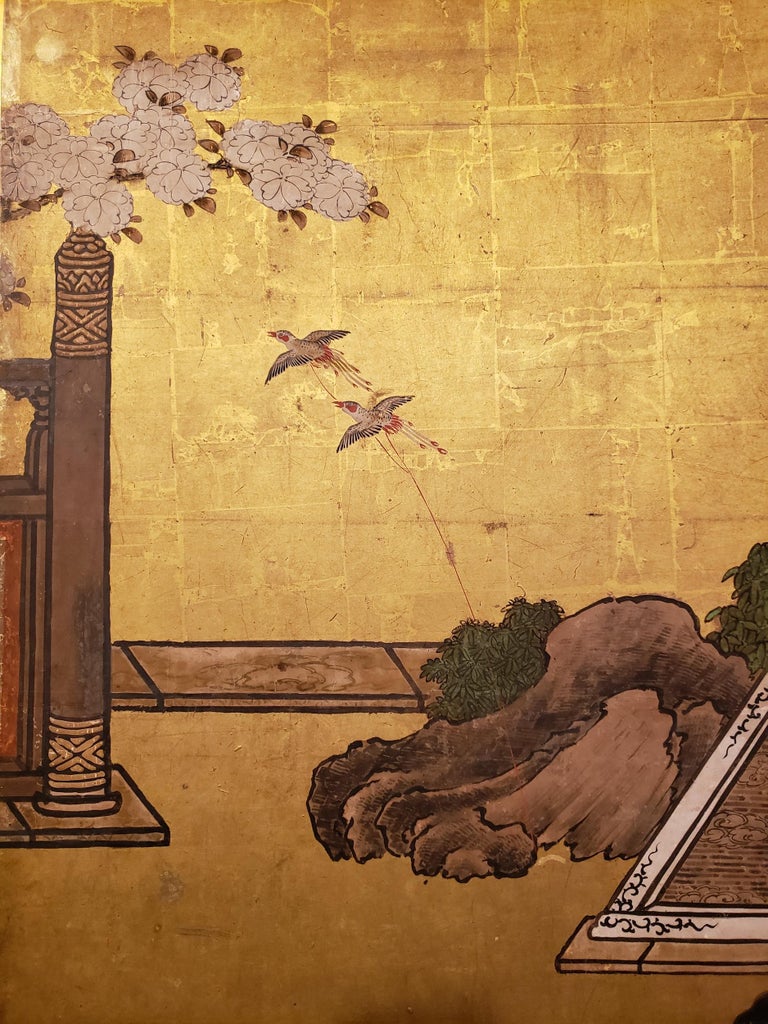 Japanese SixPanel Screen Women of the Court in the Garden For Sale at