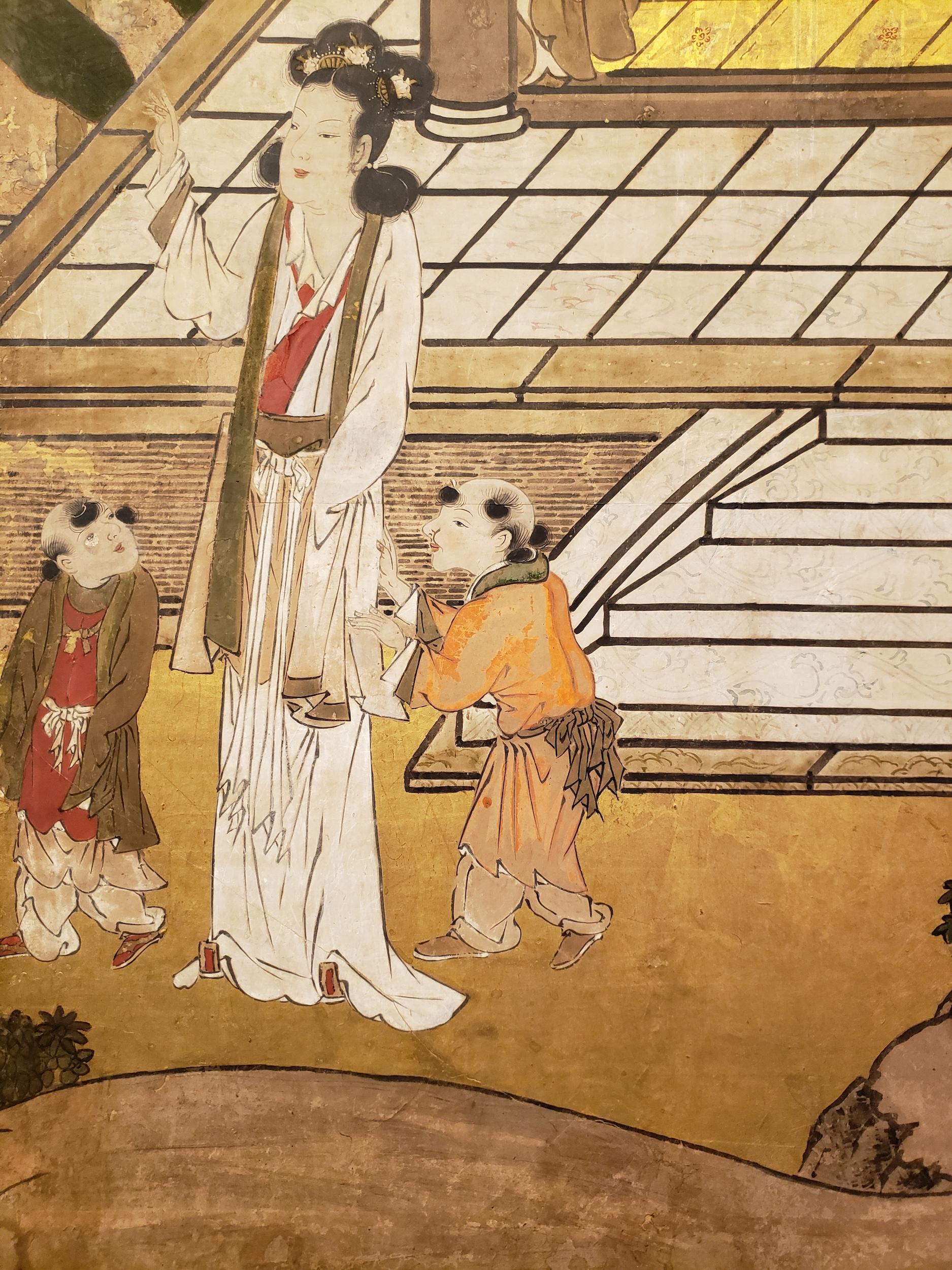 Japanese Six-Panel Screen Women of the Court in the Garden In Good Condition For Sale In Hudson, NY