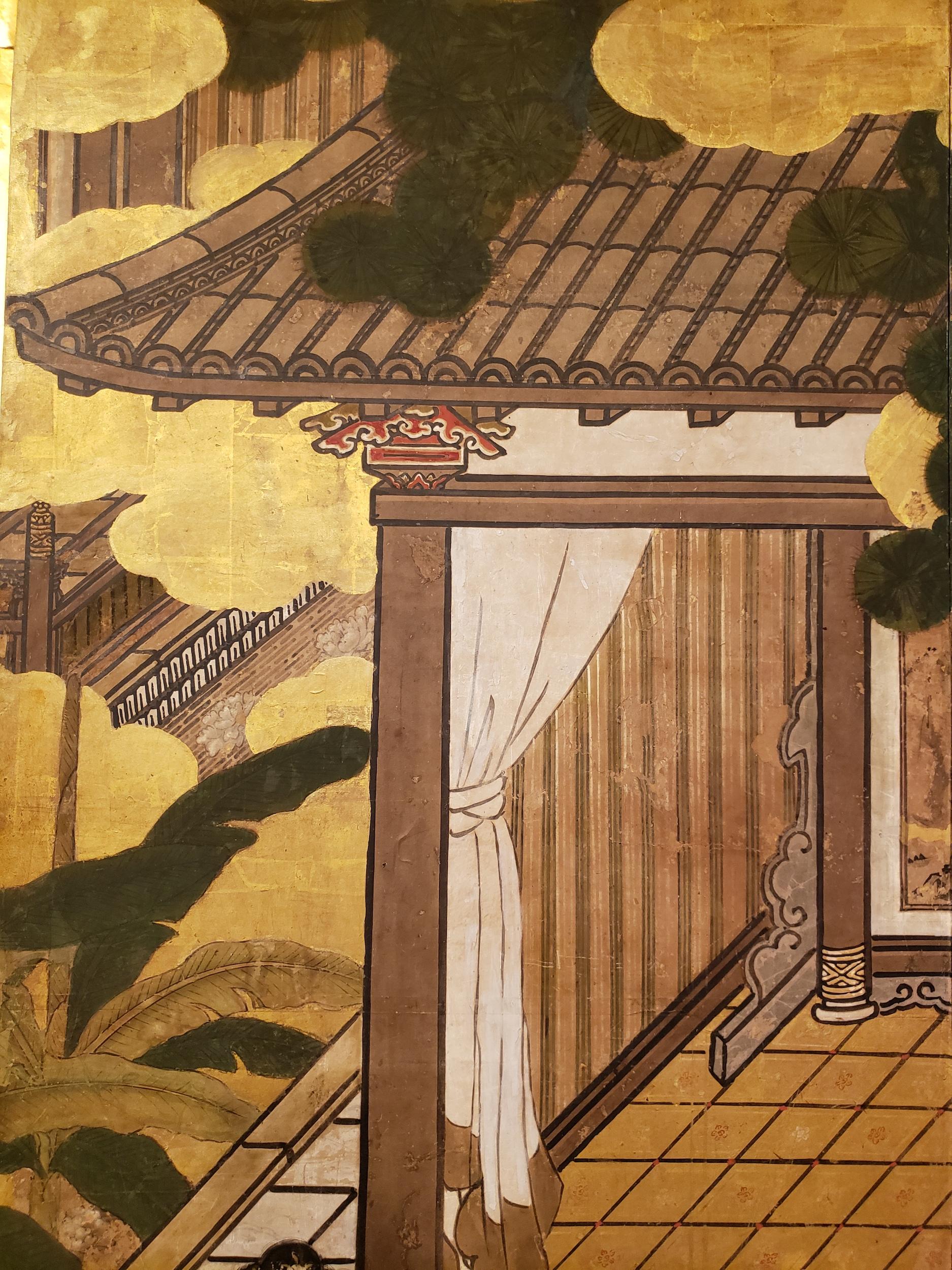 Early 18th Century Japanese Six-Panel Screen Women of the Court in the Garden For Sale