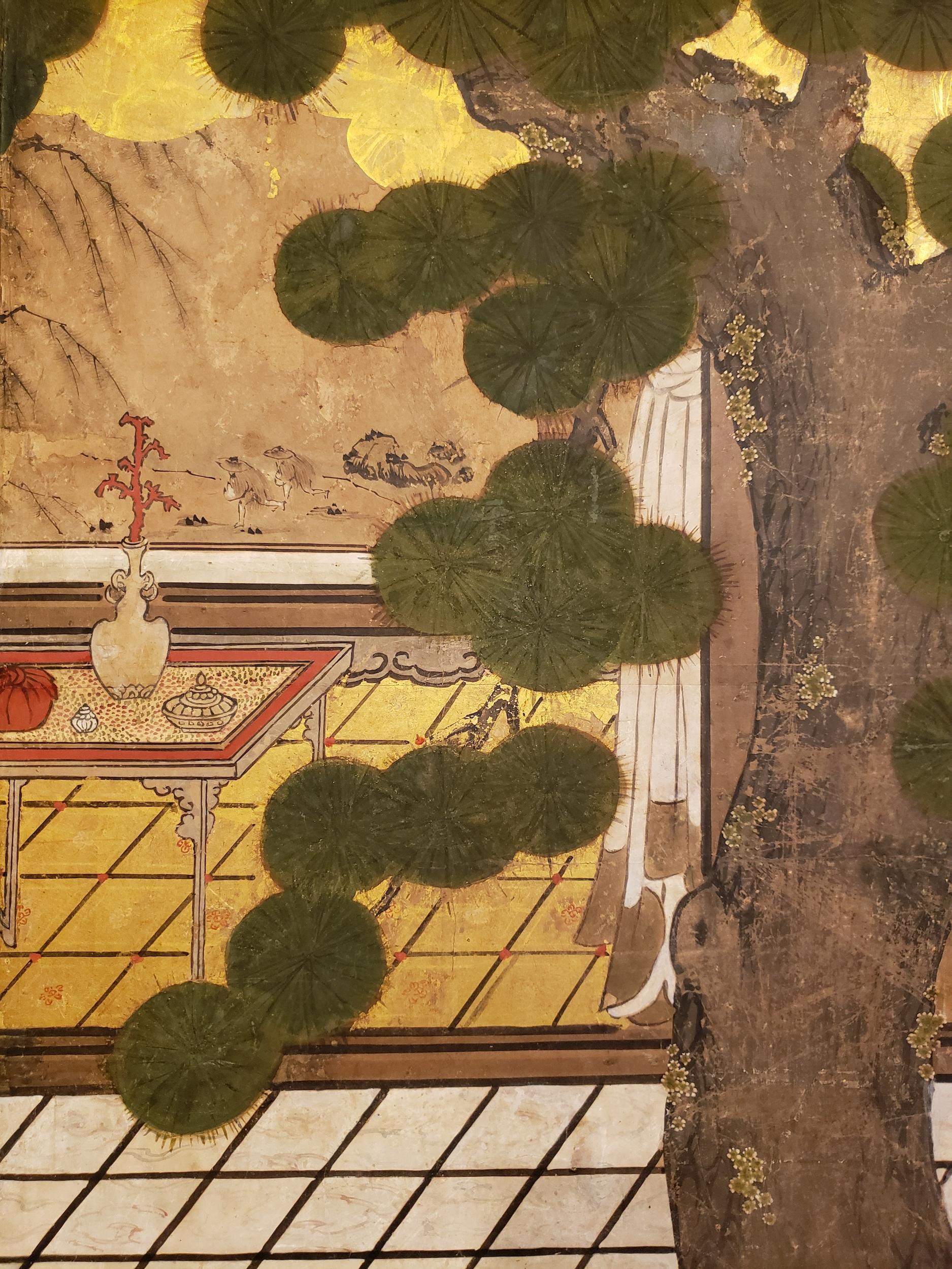 Japanese Six-Panel Screen Women of the Court in the Garden For Sale 1