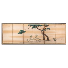 Japanese Six Panel Screen, Young Pine and Bell Flowers