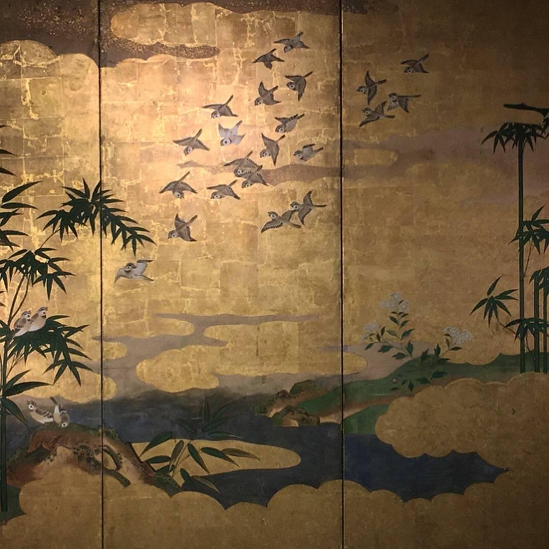 Japanese Six-Panel Screen, Sparrows and the Three Friends of Winter, circa 1800 4