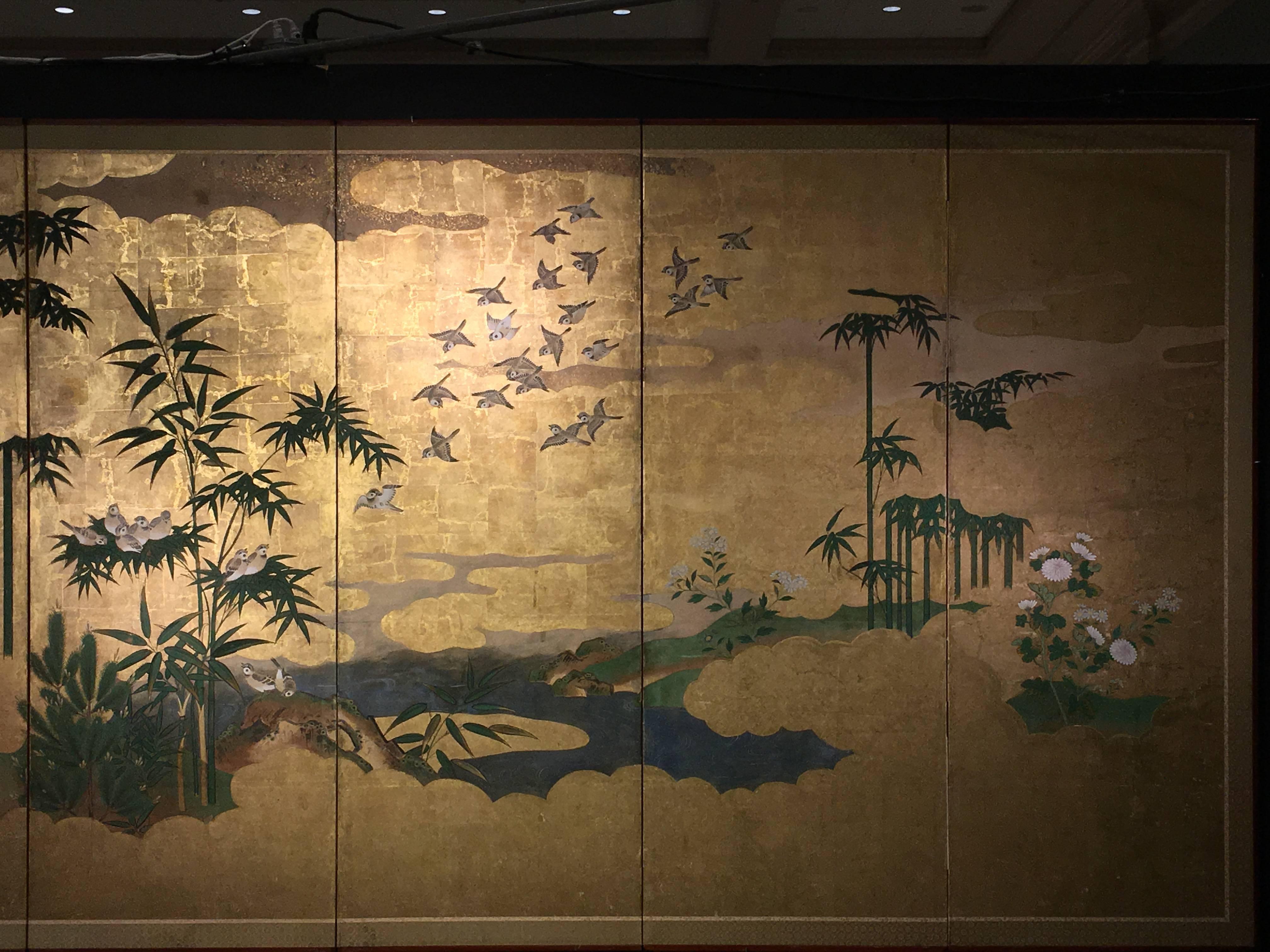 Japanischer japanischer Sechs-Panel-Raumteiler, Spargeln und die drei Freunde des Winters, um 1800 (Edo)