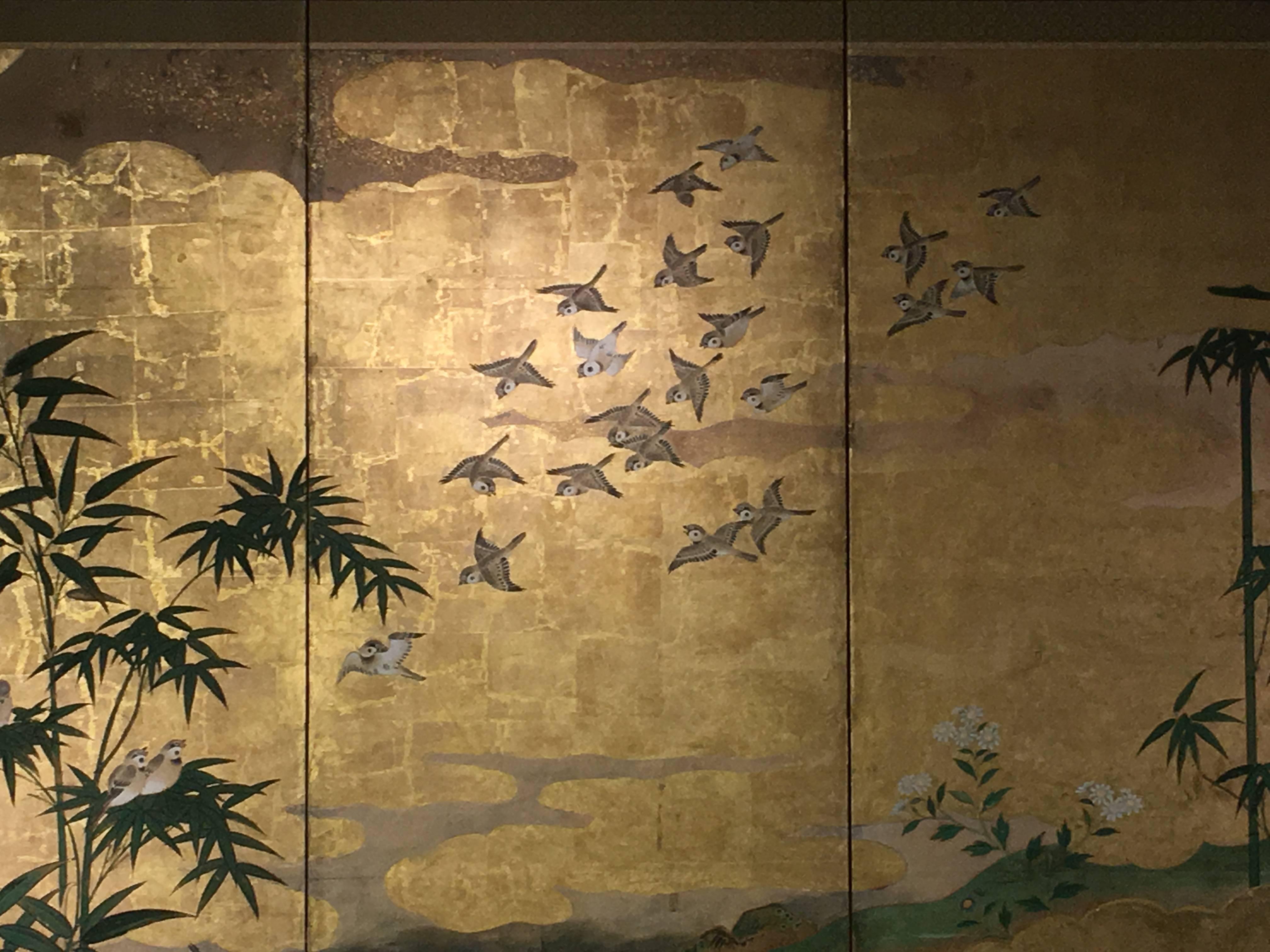 Edo Japanese Six-Panel Screen, Sparrows and the Three Friends of Winter, circa 1800