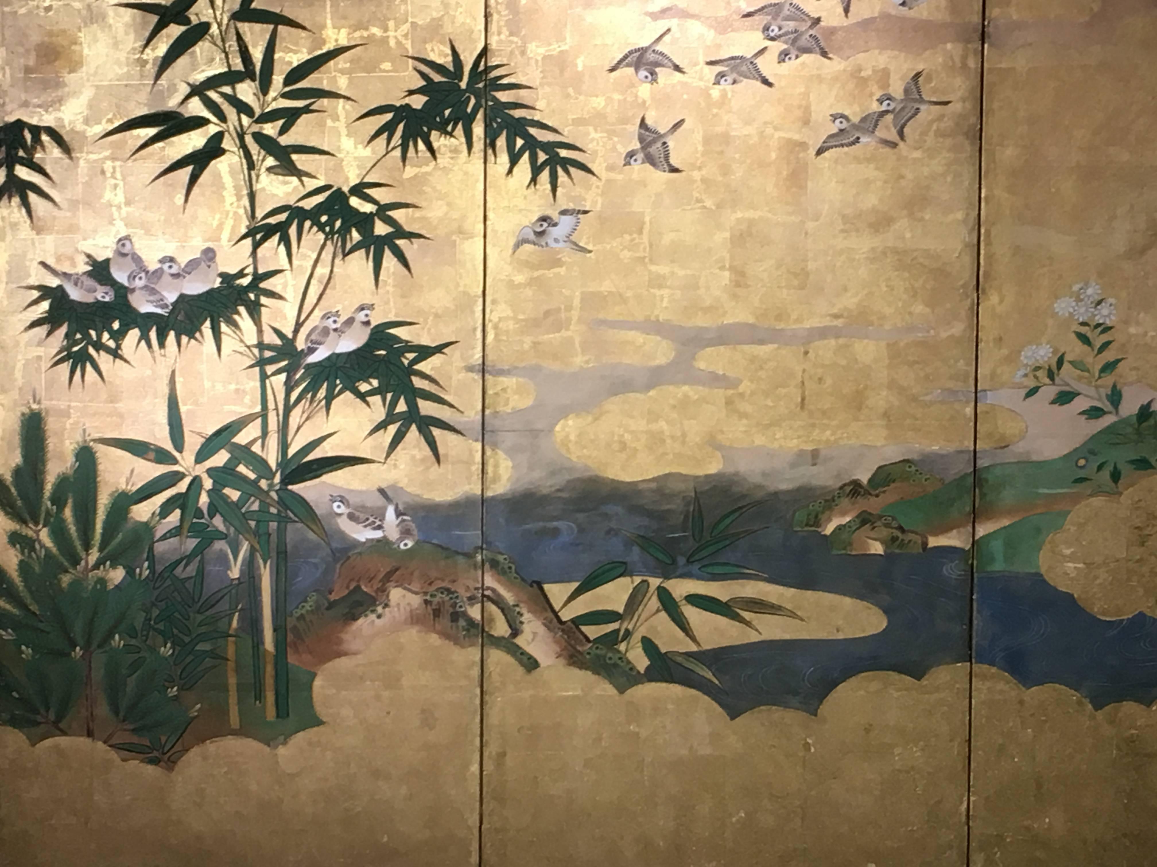 Hand-Painted Japanese Six-Panel Screen, Sparrows and the Three Friends of Winter, circa 1800