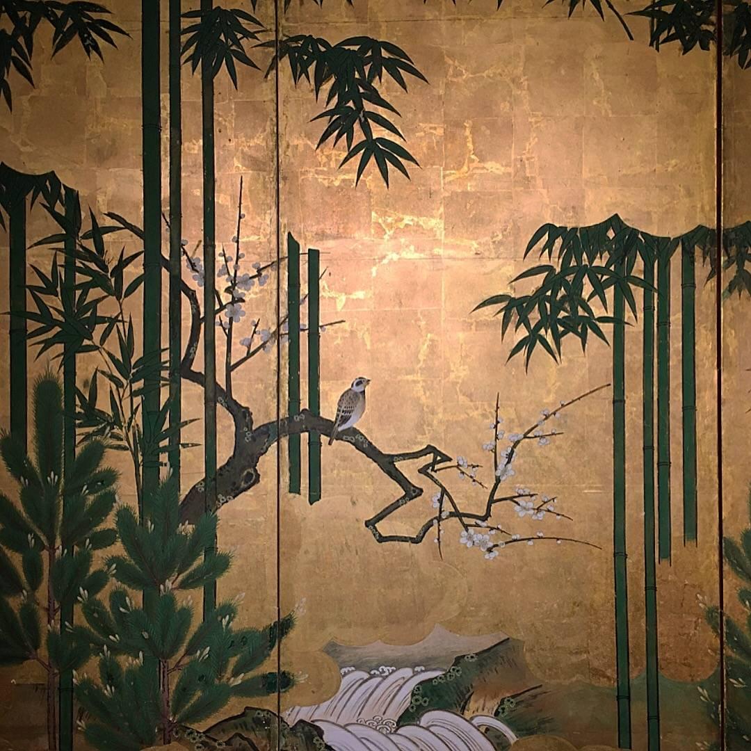 Japanese Six-Panel Screen, Sparrows and the Three Friends of Winter, circa 1800 In Good Condition In Austin, TX
