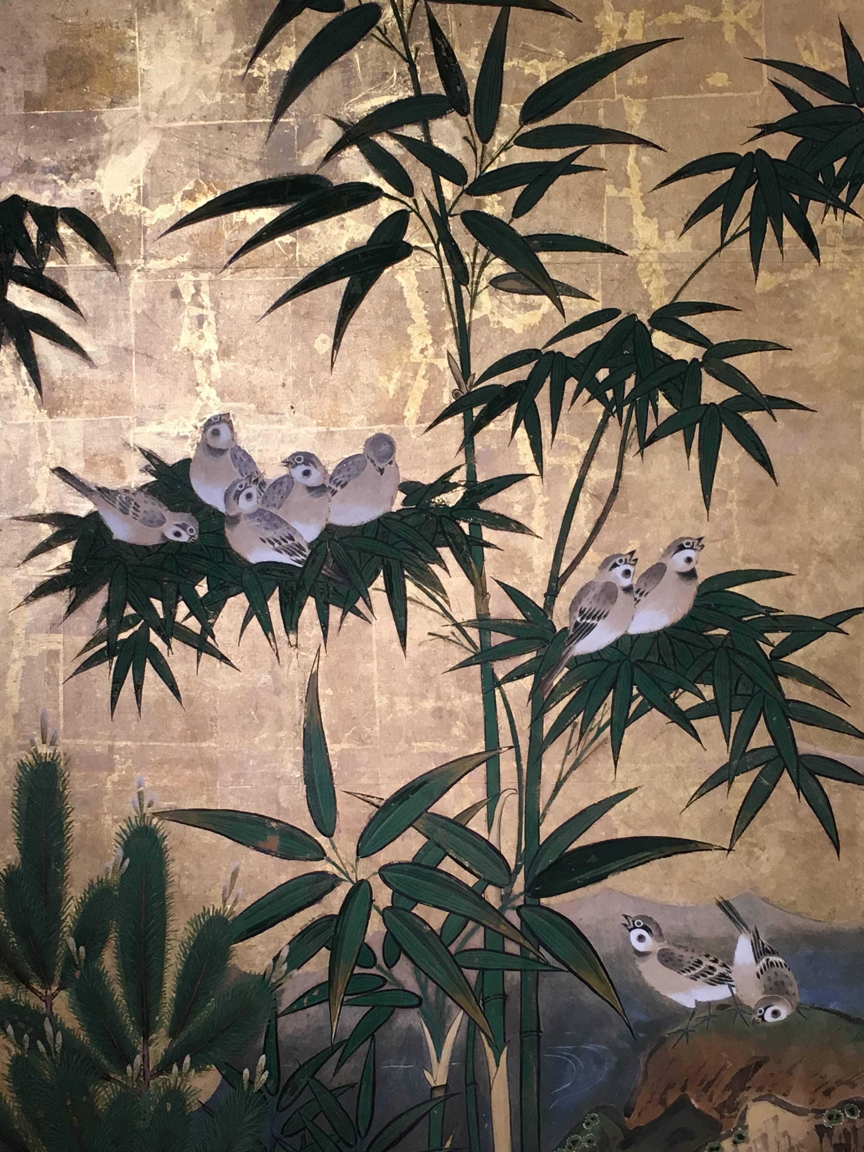 19th Century Japanese Six-Panel Screen, Sparrows and the Three Friends of Winter, circa 1800