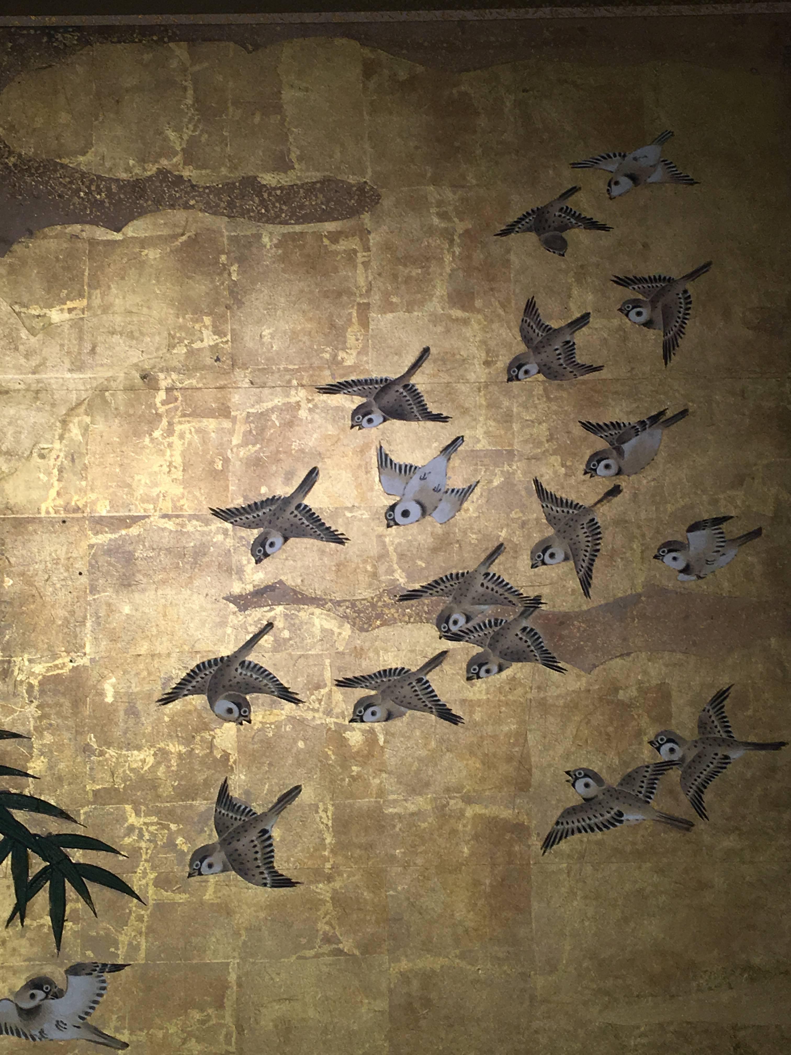 Japanischer japanischer Sechs-Panel-Raumteiler, Spargeln und die drei Freunde des Winters, um 1800 2
