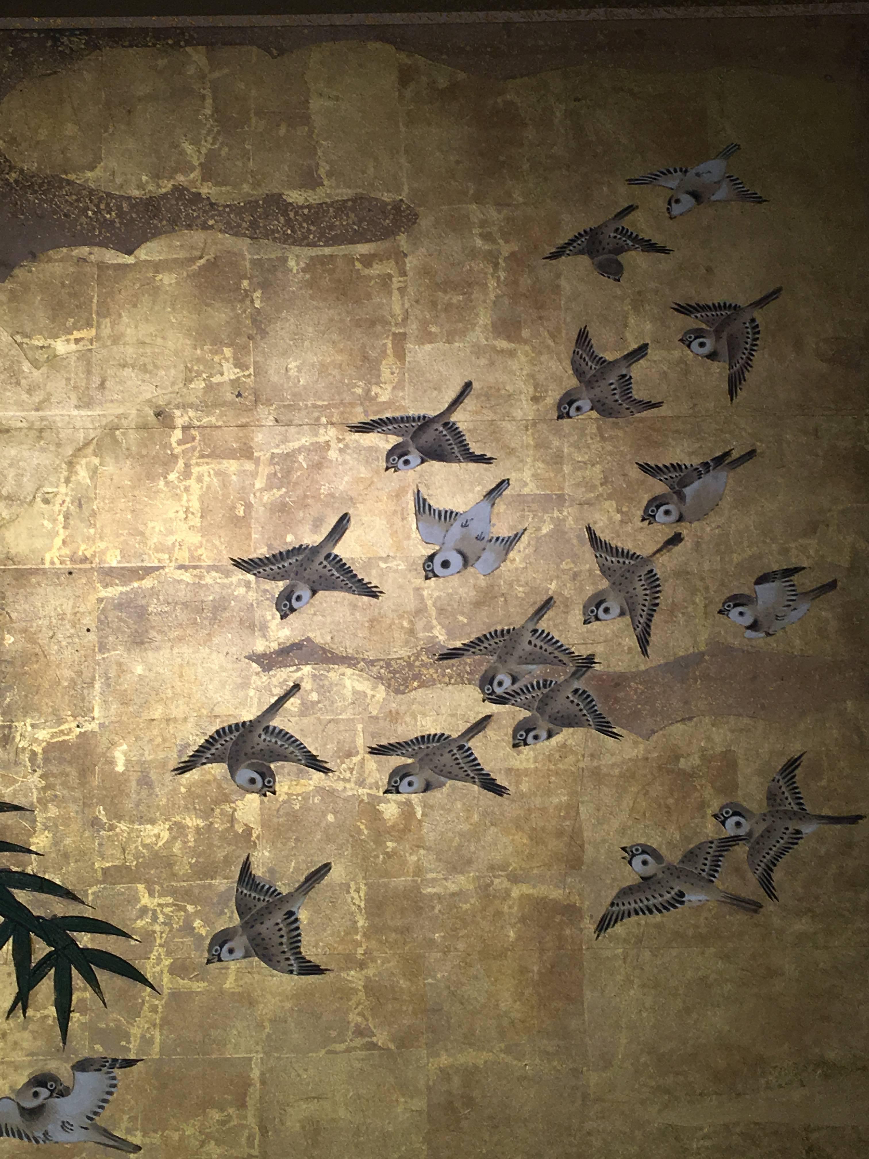 Gold Leaf Japanese Six-Panel Screen, Sparrows and the Three Friends of Winter, circa 1800