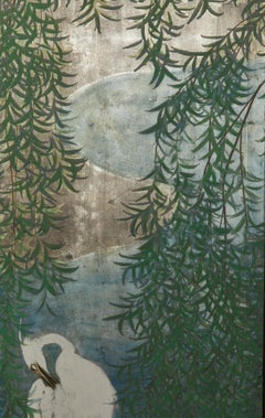 Japanese Six-Panel Silver Leaf Screen with Egrets & Willow, Meiji Period C. 1880