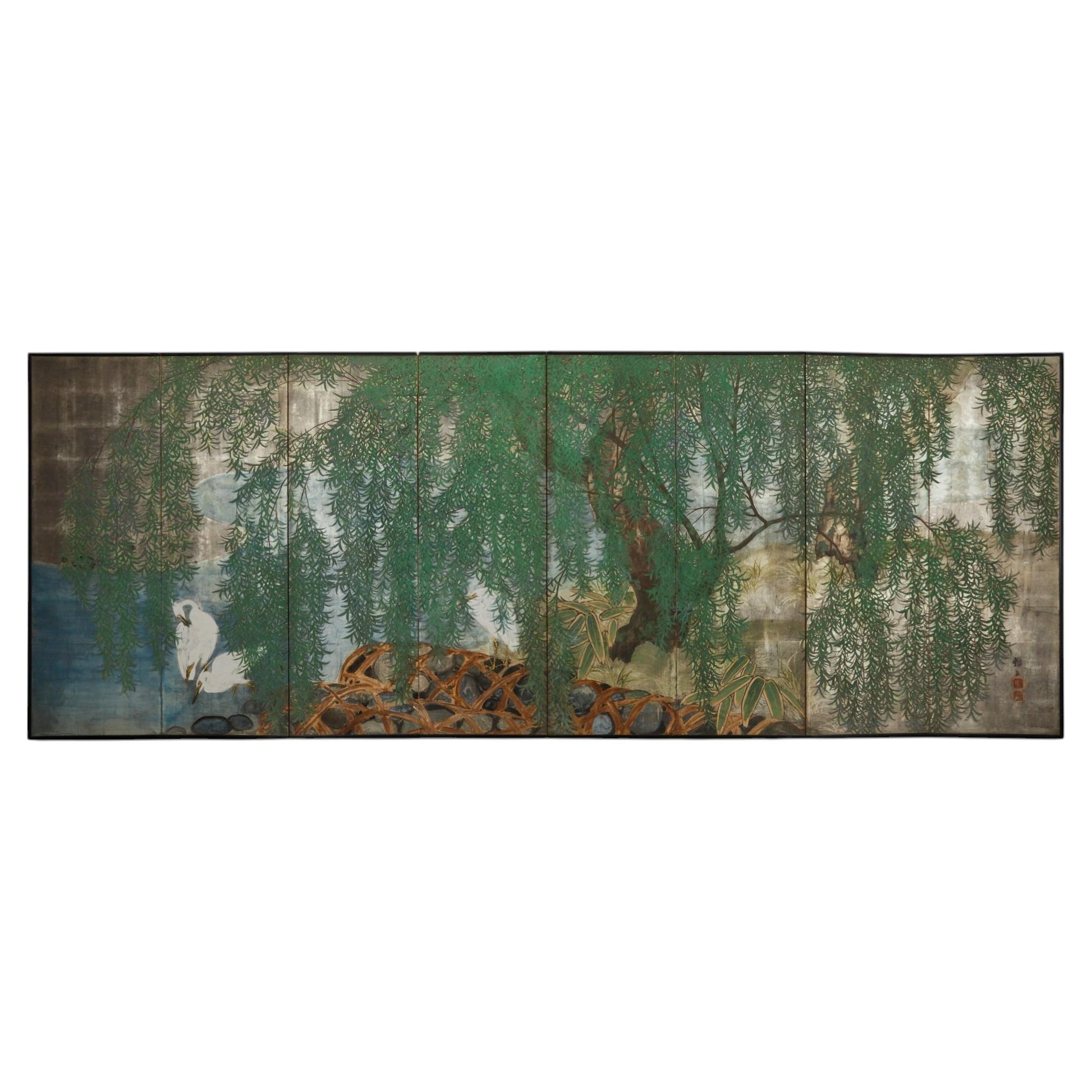 Japanese Six-Panel Silver Leaf Screen with Egrets & Willow, Meiji Period C. 1880