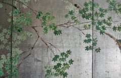 Japanese Six-Panel Silver Leaf Screen with Kingfisher and Maple, Signed Shingai