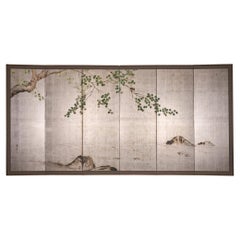 Japanese Six-Panel Silver Leaf Screen with Kingfisher and Maple, Signed Shingai