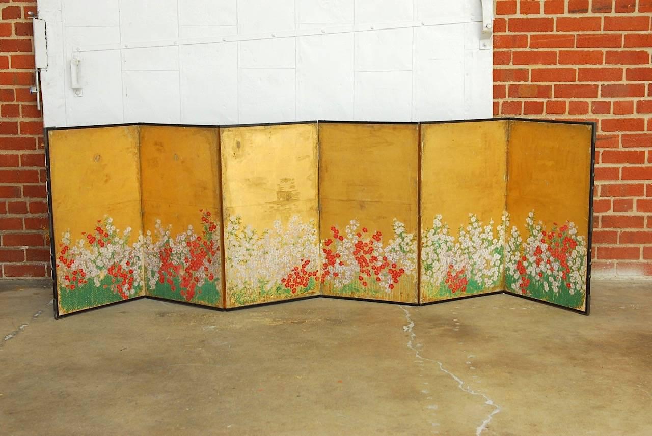 Japanese Six Panel Spring Blossoms on Gold Leaf Screen 8