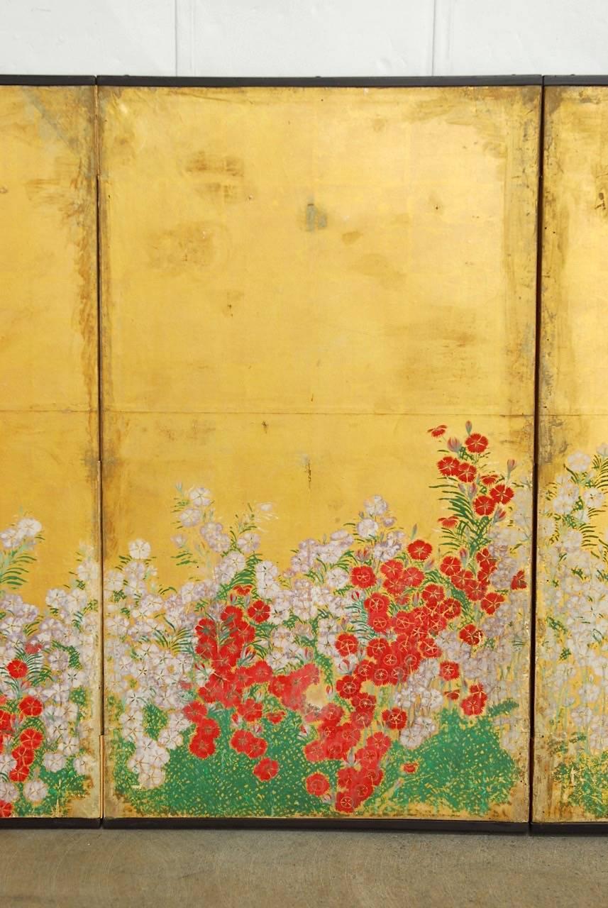 Japanese Six Panel Spring Blossoms on Gold Leaf Screen In Distressed Condition In Rio Vista, CA