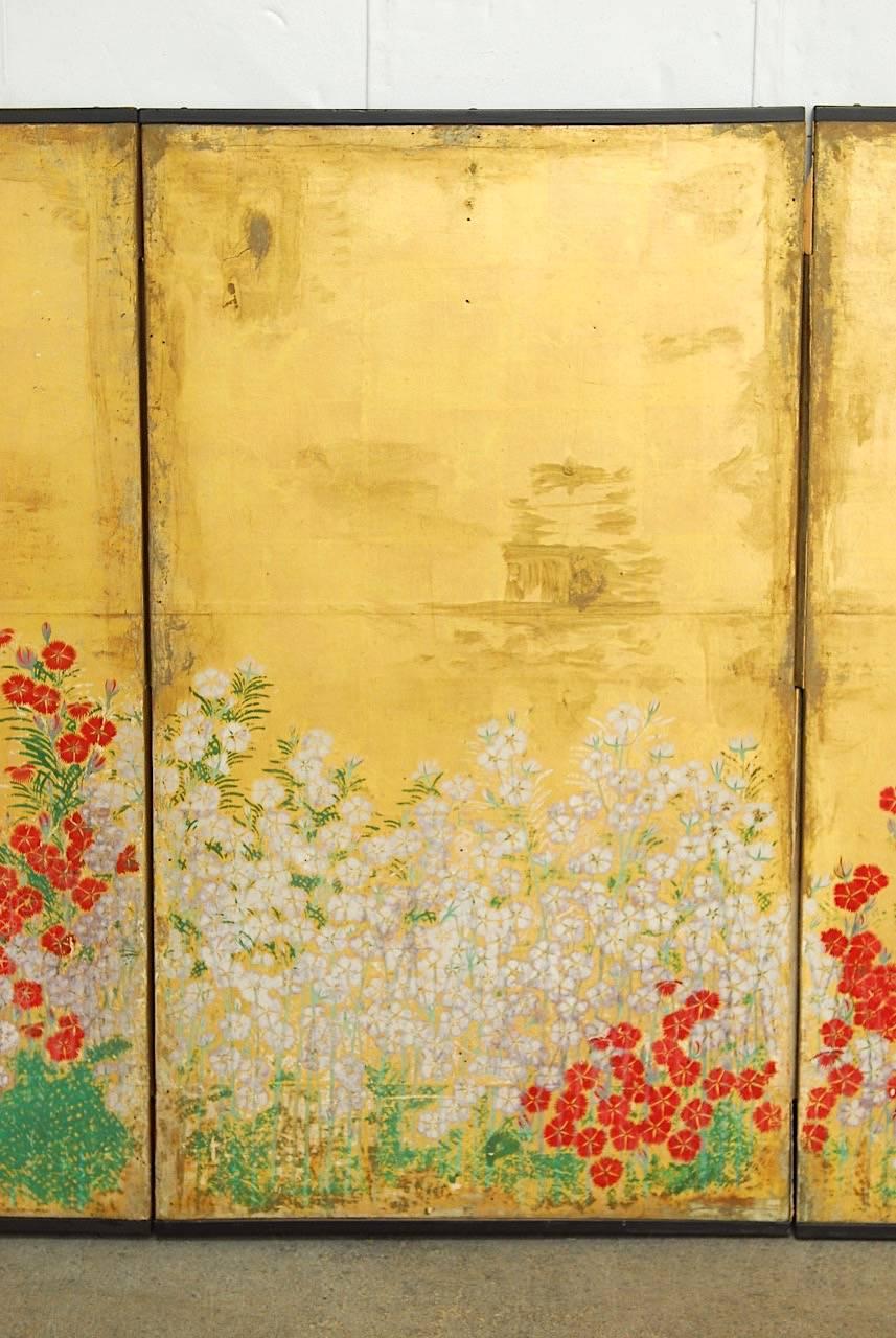19th Century Japanese Six Panel Spring Blossoms on Gold Leaf Screen