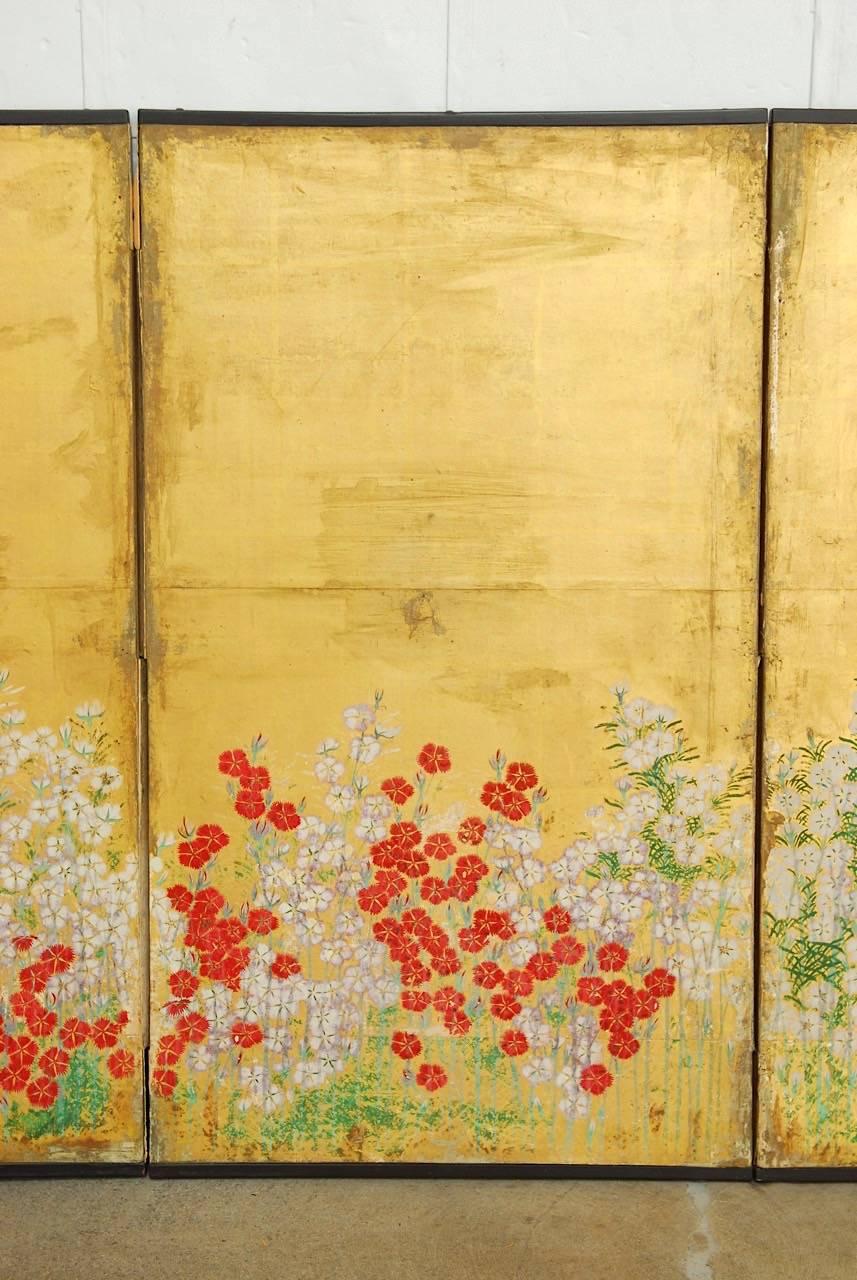 Brass Japanese Six Panel Spring Blossoms on Gold Leaf Screen
