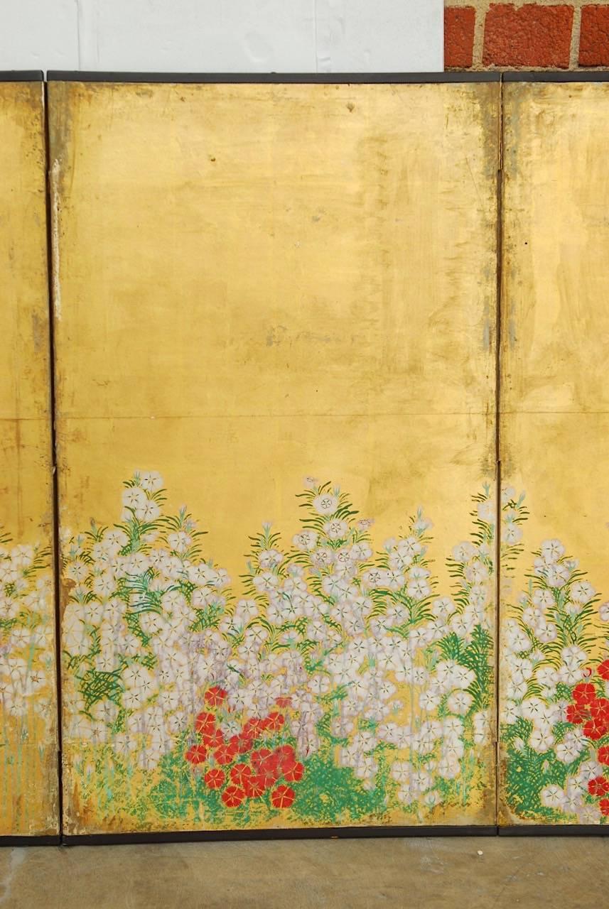 Japanese Six Panel Spring Blossoms on Gold Leaf Screen 1