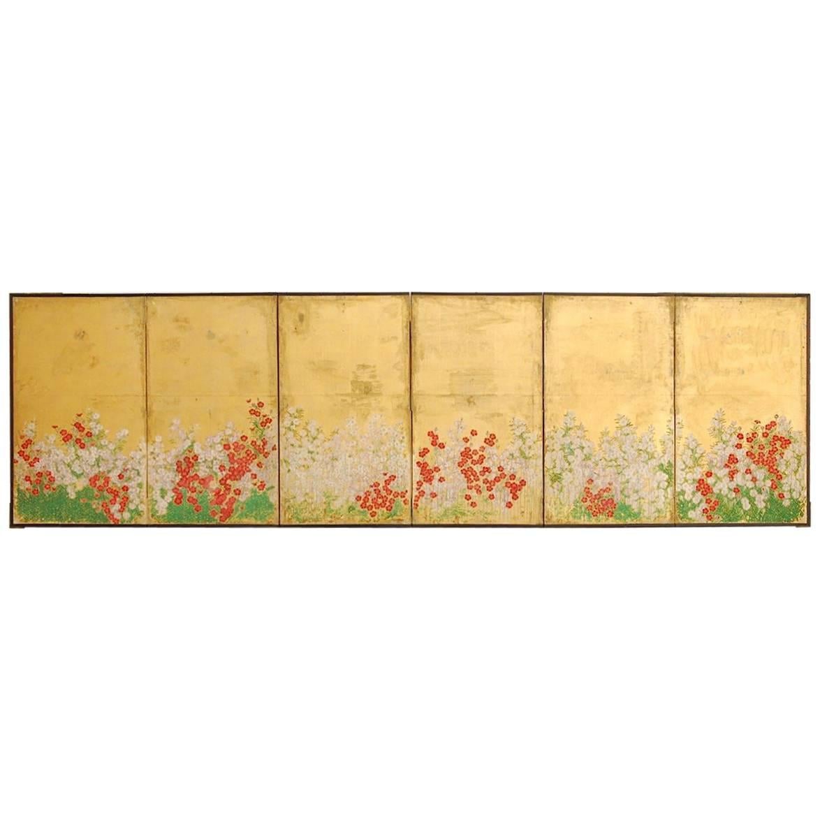 Japanese Six Panel Spring Blossoms on Gold Leaf Screen