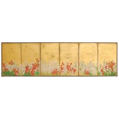 Japanese Six Panel Spring Blossoms on Gold Leaf Screen