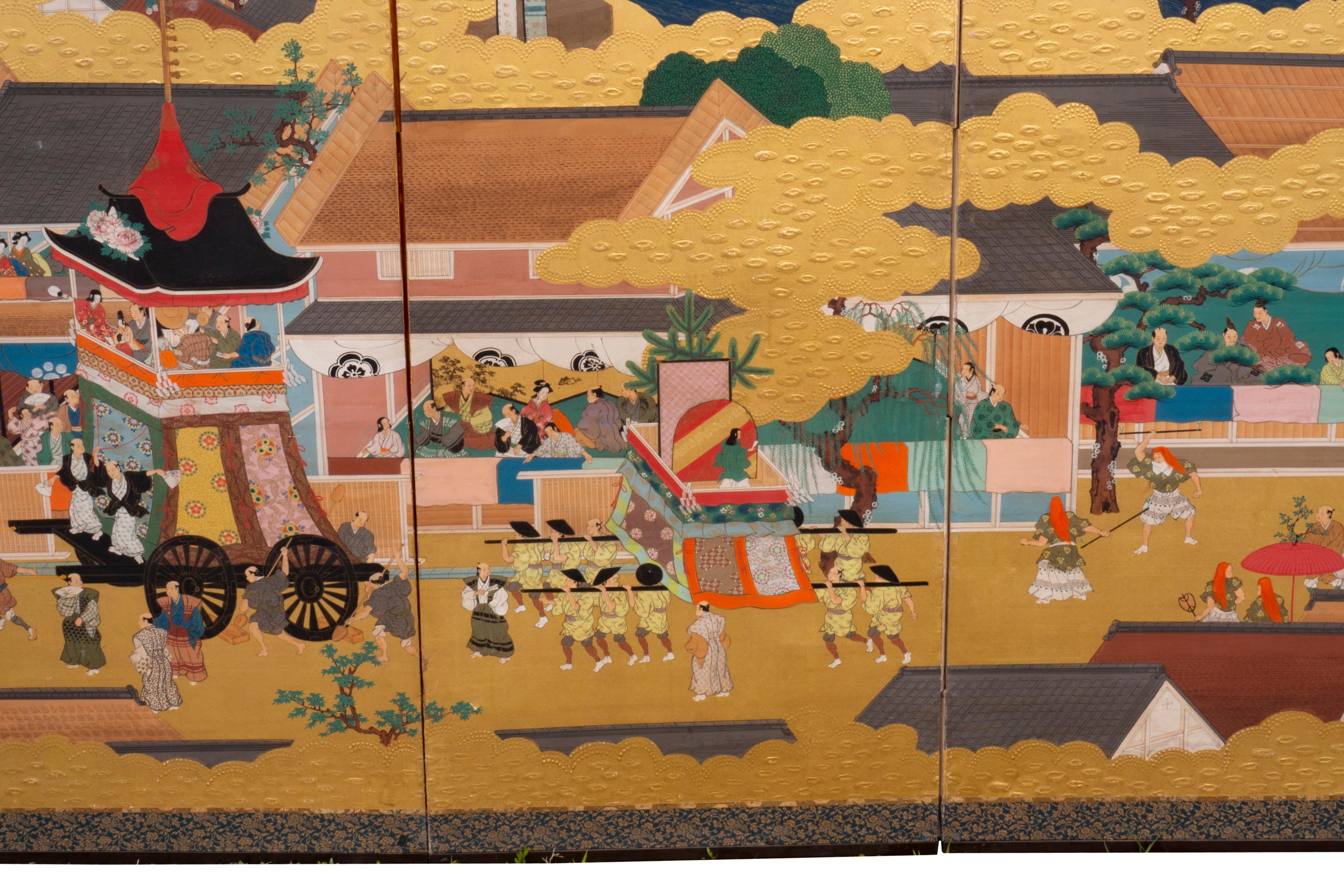 Japanese Six Panel Tosa School Gold Leaf Paper Screen 5