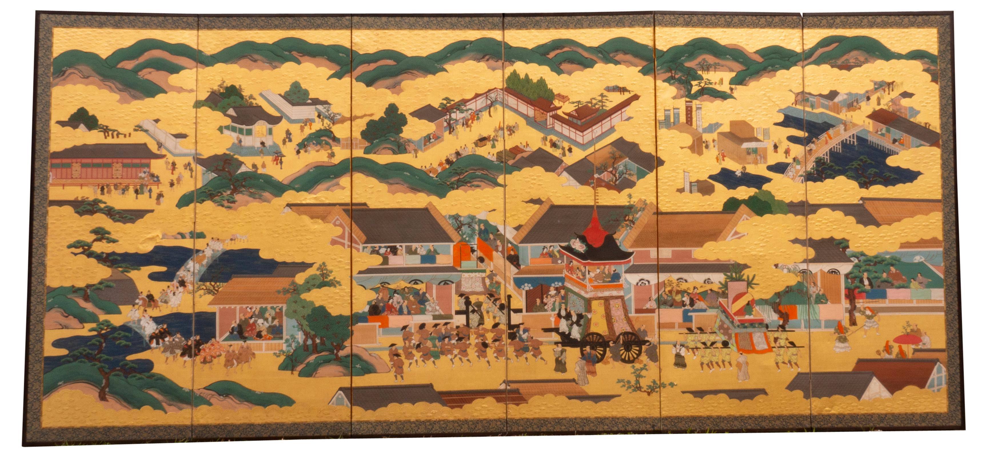 Six panel decorated with a village scene with processional scene.