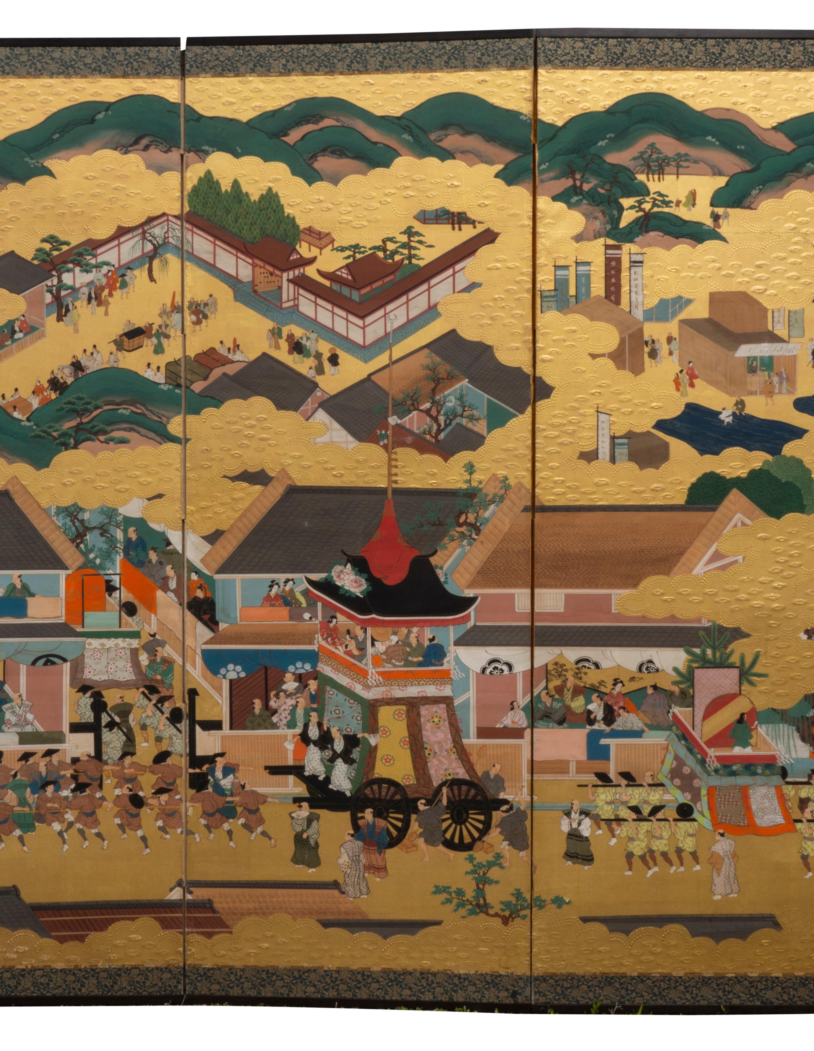 19th Century Japanese Six Panel Tosa School Gold Leaf Paper Screen