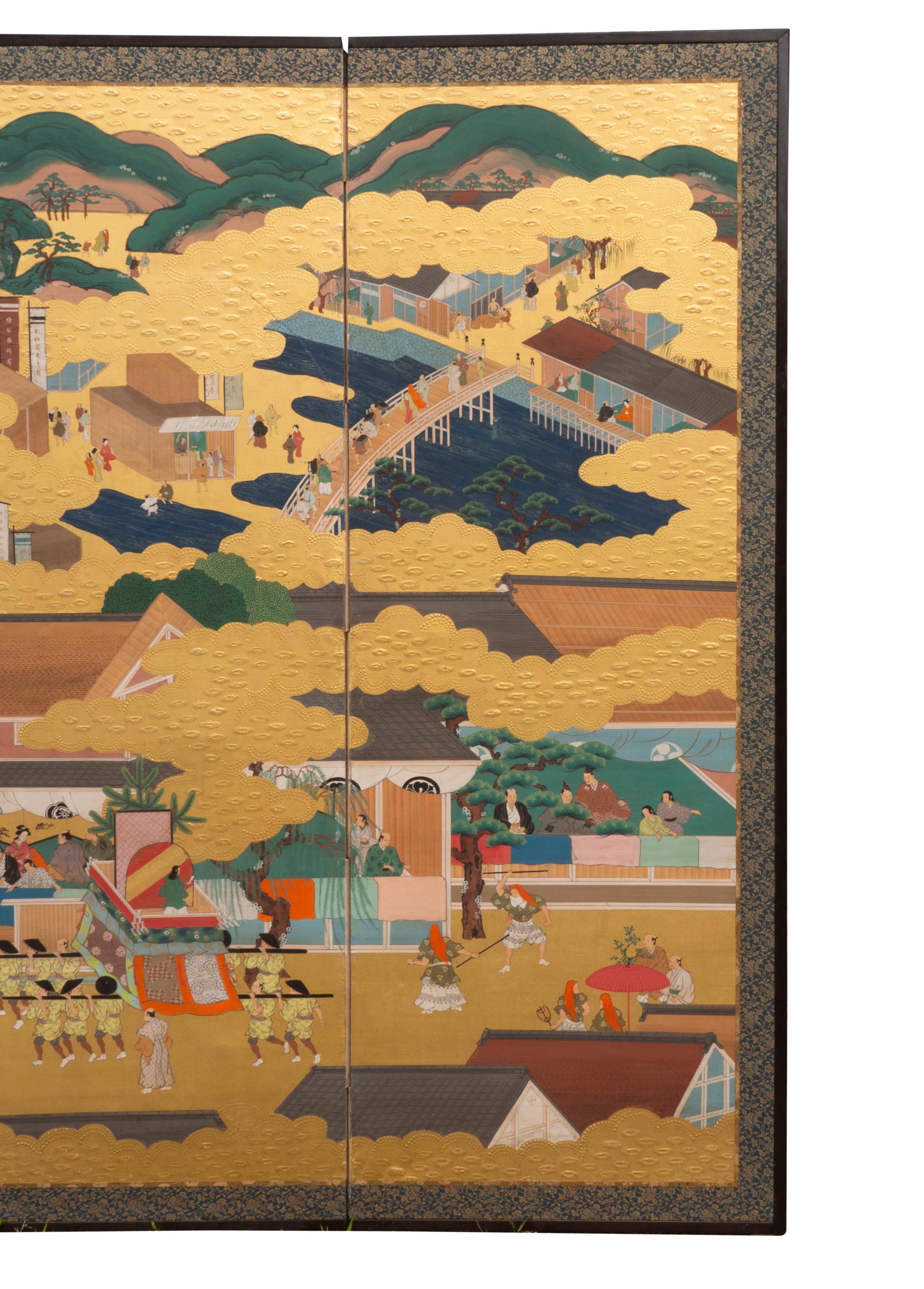 Japanese Six Panel Tosa School Gold Leaf Paper Screen 1