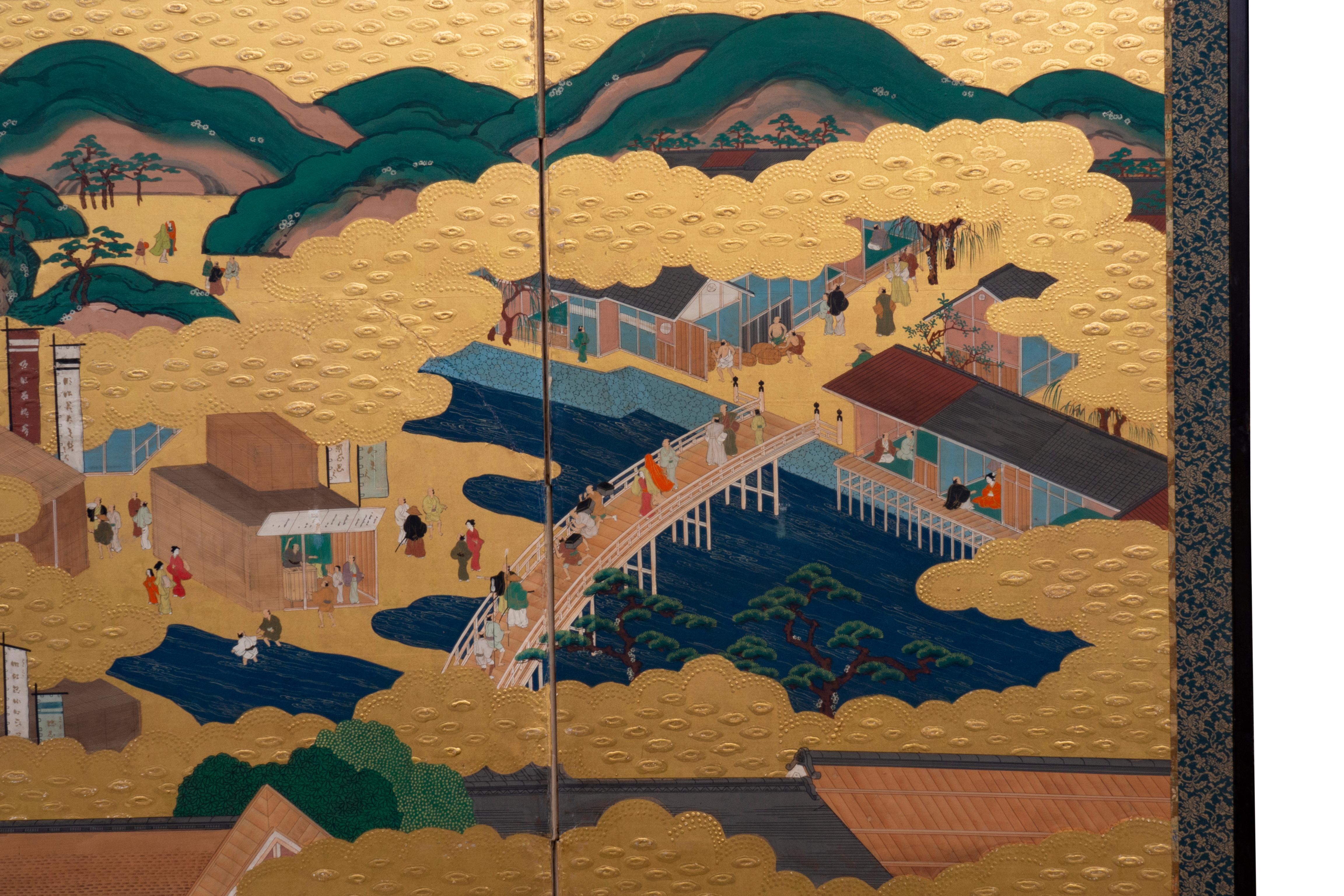 Japanese Six Panel Tosa School Gold Leaf Paper Screen 2