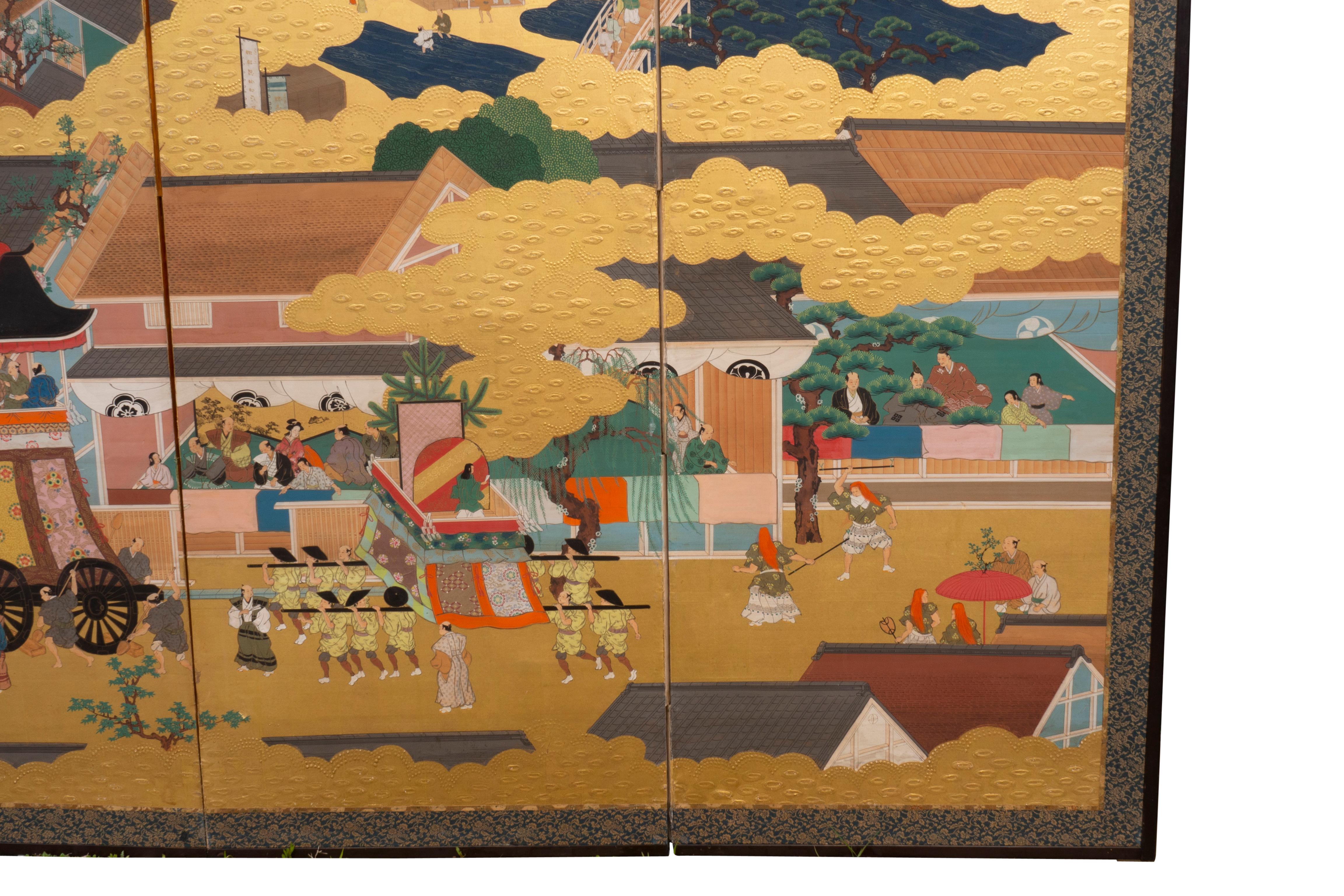 Japanese Six Panel Tosa School Gold Leaf Paper Screen 3