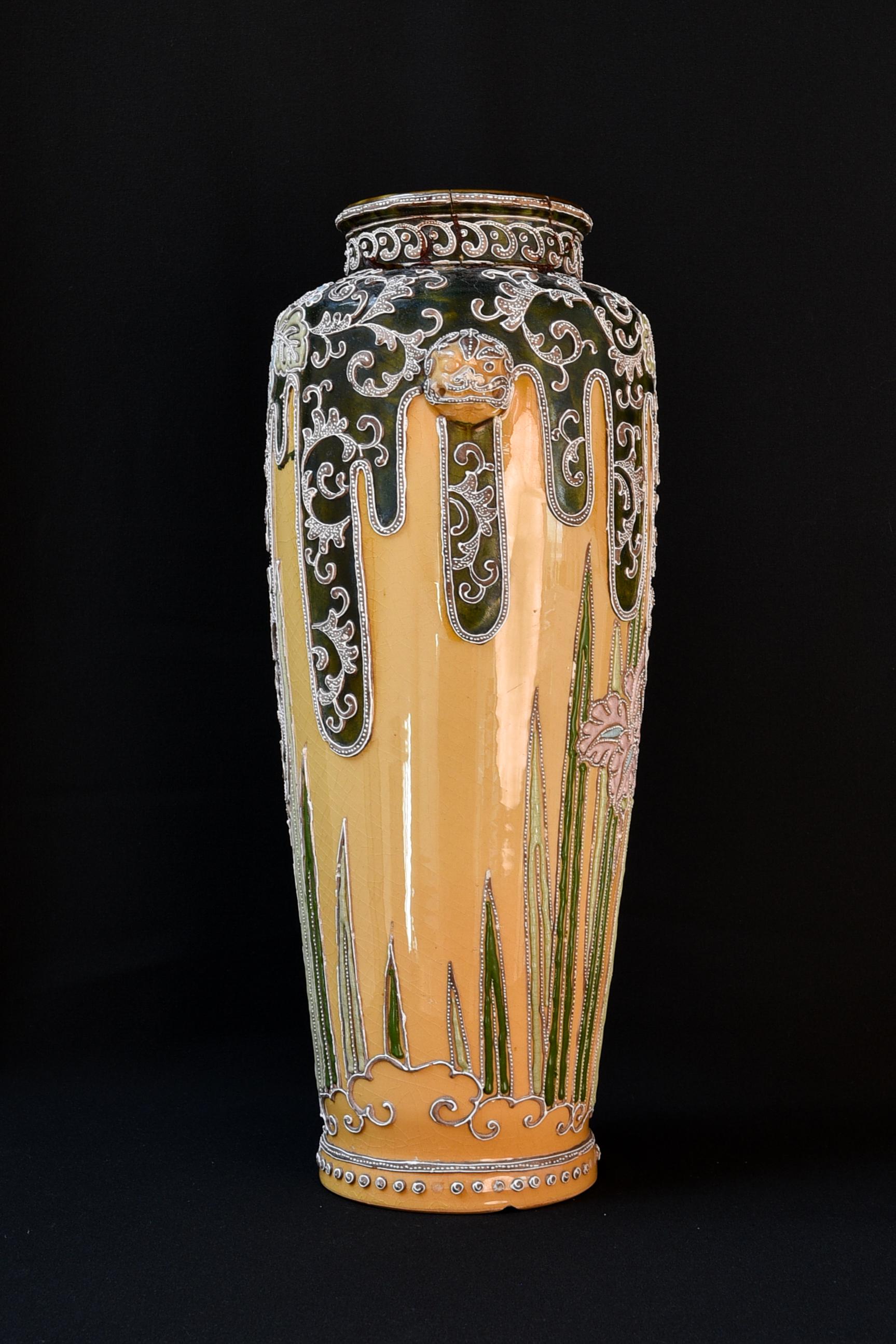 Hand-Crafted Japanese Slip Trailing Moriage multicolour ceramic vase ca. 1890 For Sale
