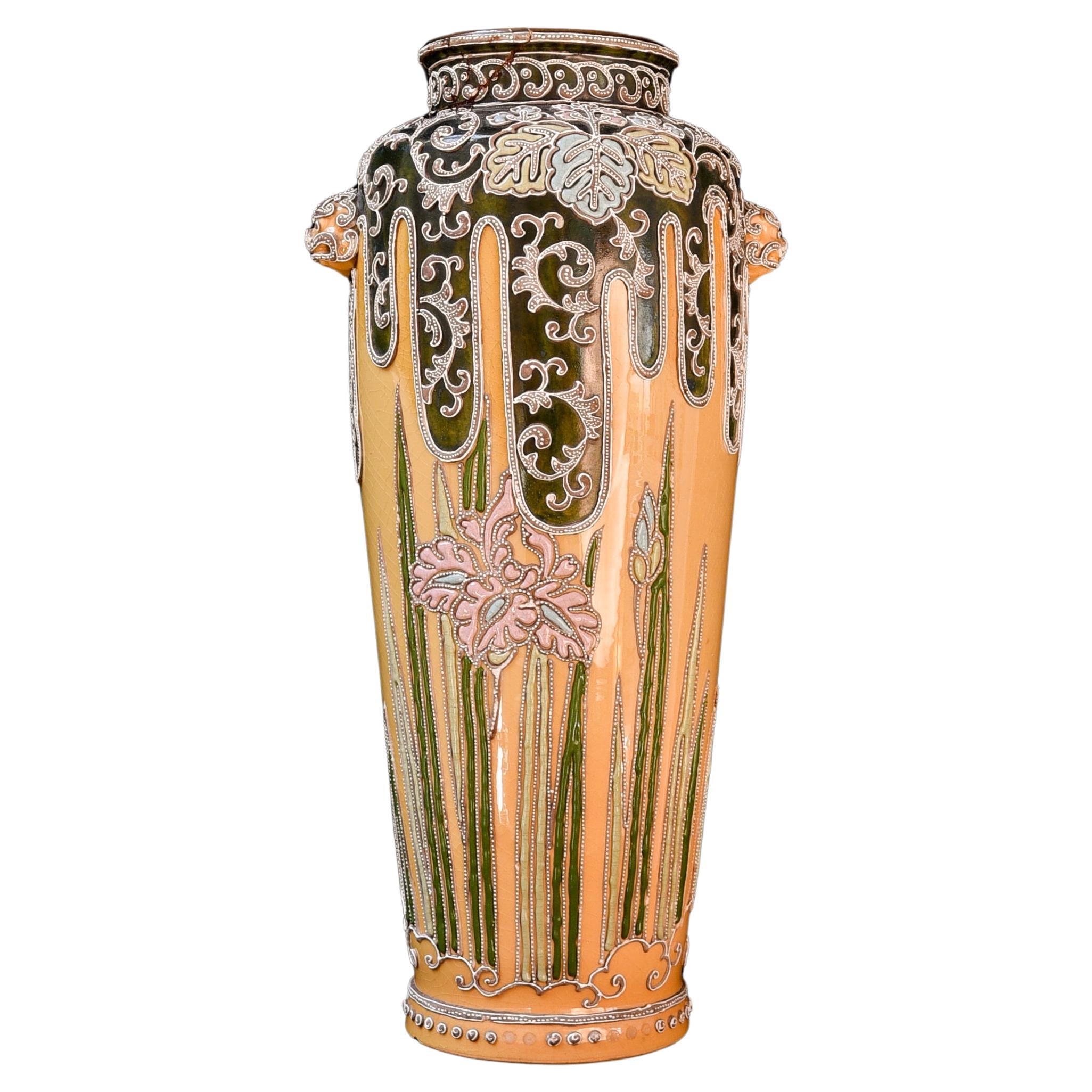 Japanese Slip Trailing Moriage multicolour ceramic vase ca. 1890 For Sale